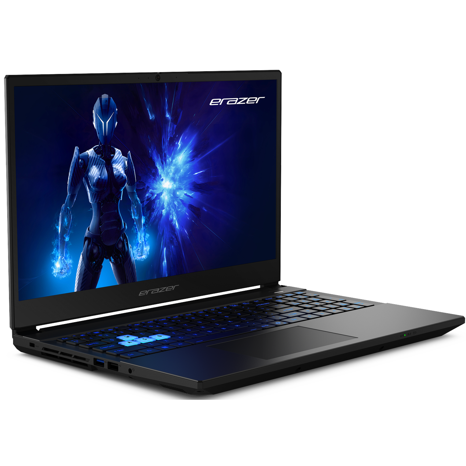 Black Erazer laptop. Screen shows a futuristic figure. Keyboard has blue backlighting. White background.