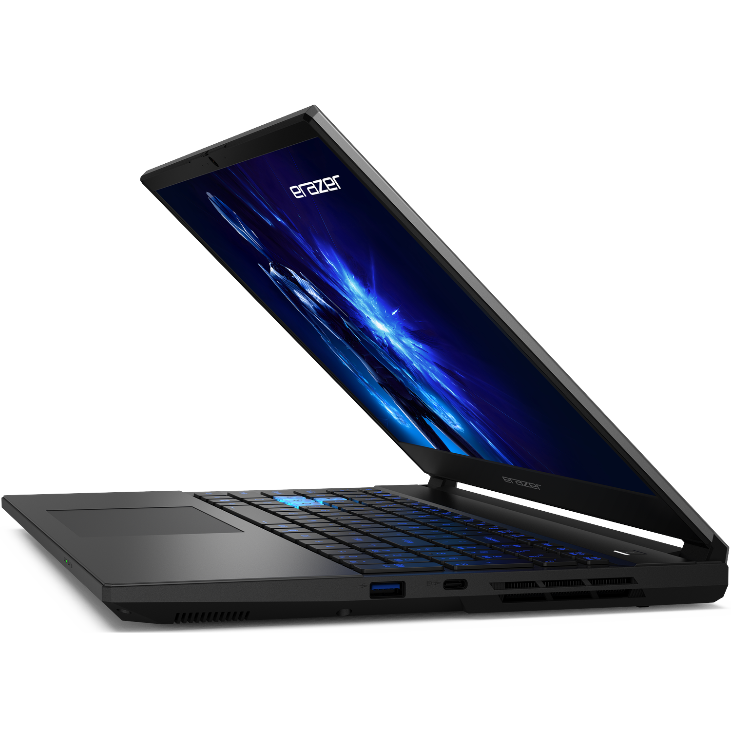 A black Erazer laptop is open, showing a blue lit screen and keyboard. The laptop is on a white background, angled slightly open.