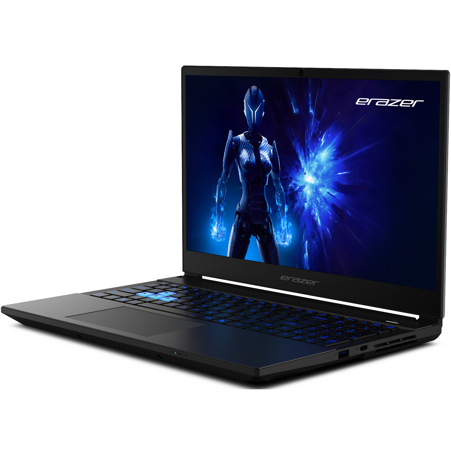 Black laptop with illuminated blue keyboard. Screen displays a futuristic female figure with blue energy effects. Eraser logo visible.