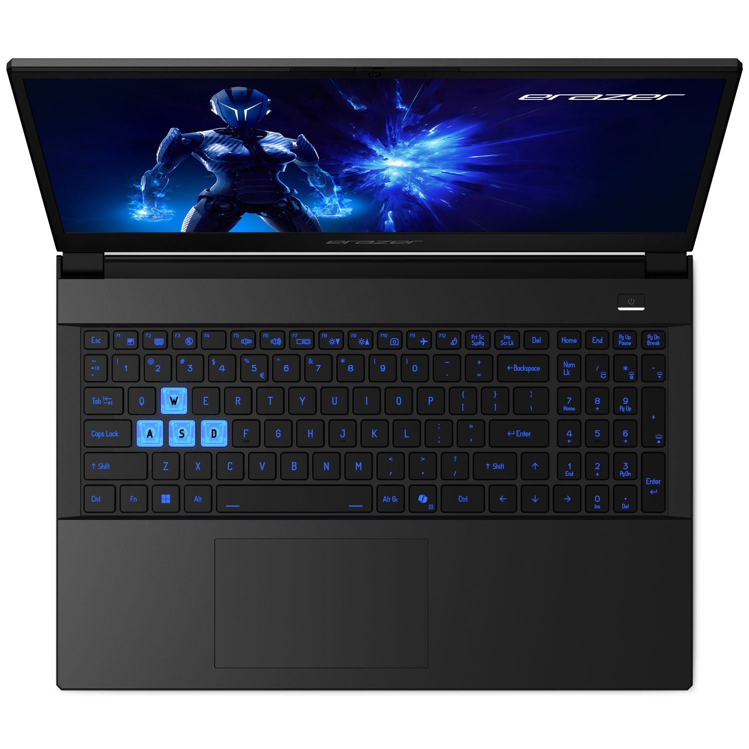 Open laptop with a blue lit keyboard. Screen displays a futuristic figure against a blue, dynamic background.