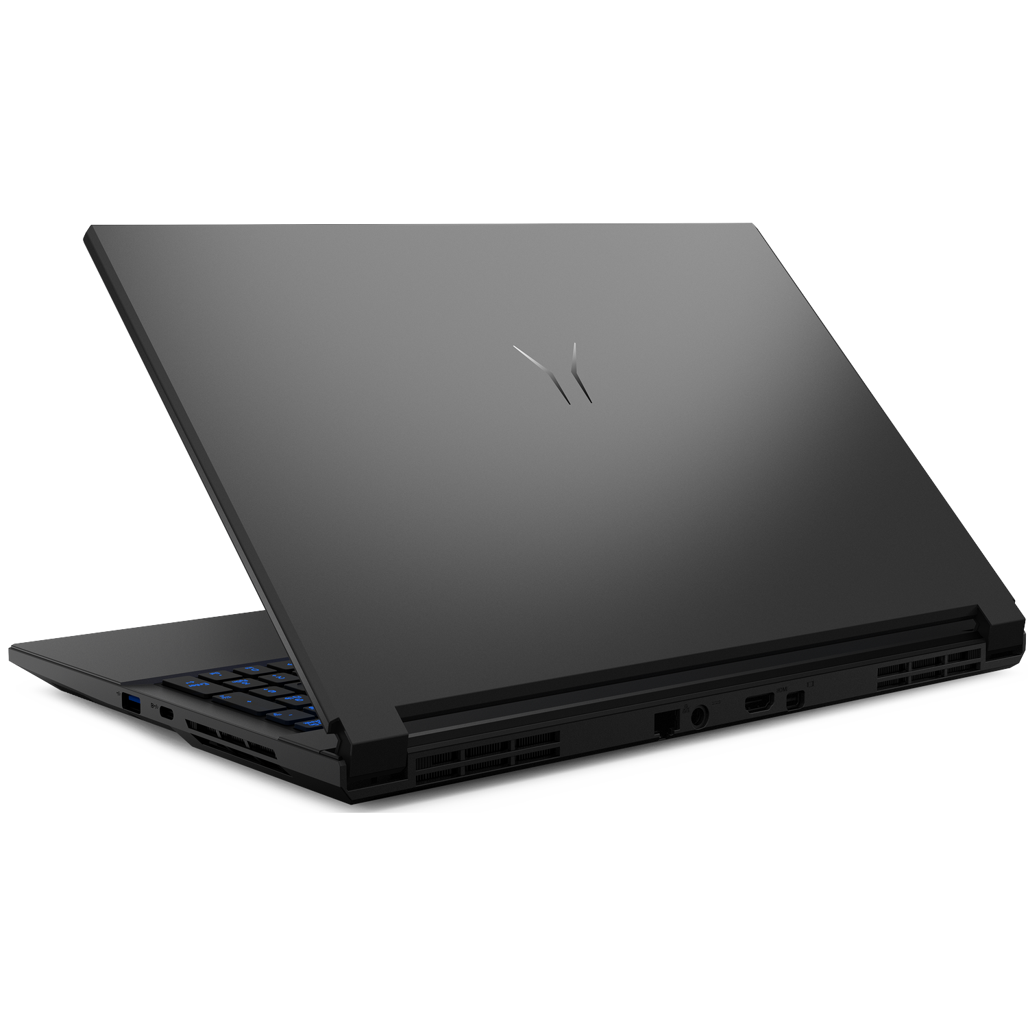 A black laptop is slightly open, showing the keyboard and ports. The laptop is on a white background.