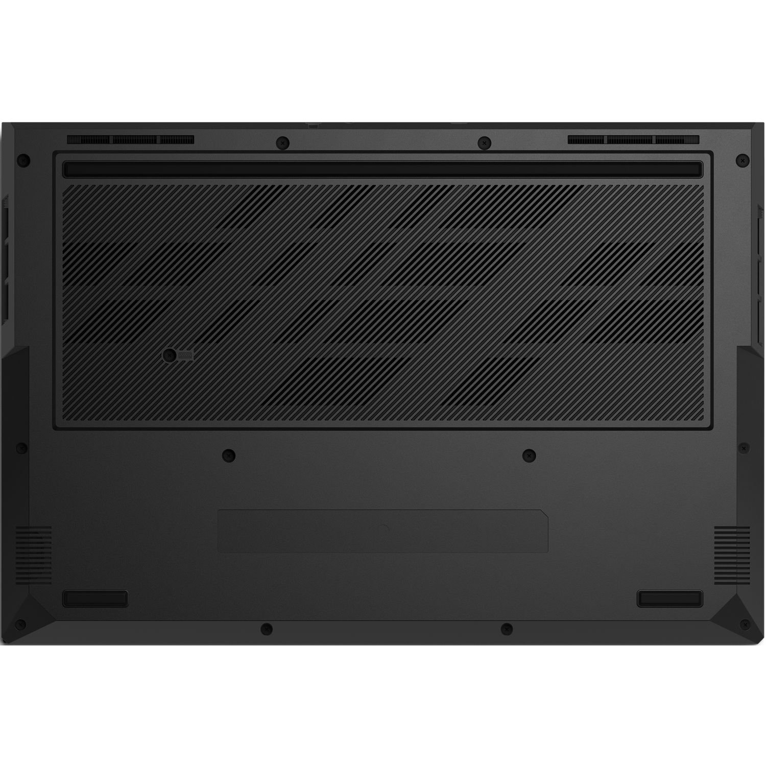 The underside of a black laptop. It has vents, screws, and a textured panel. Rectangular and circular elements are visible.
