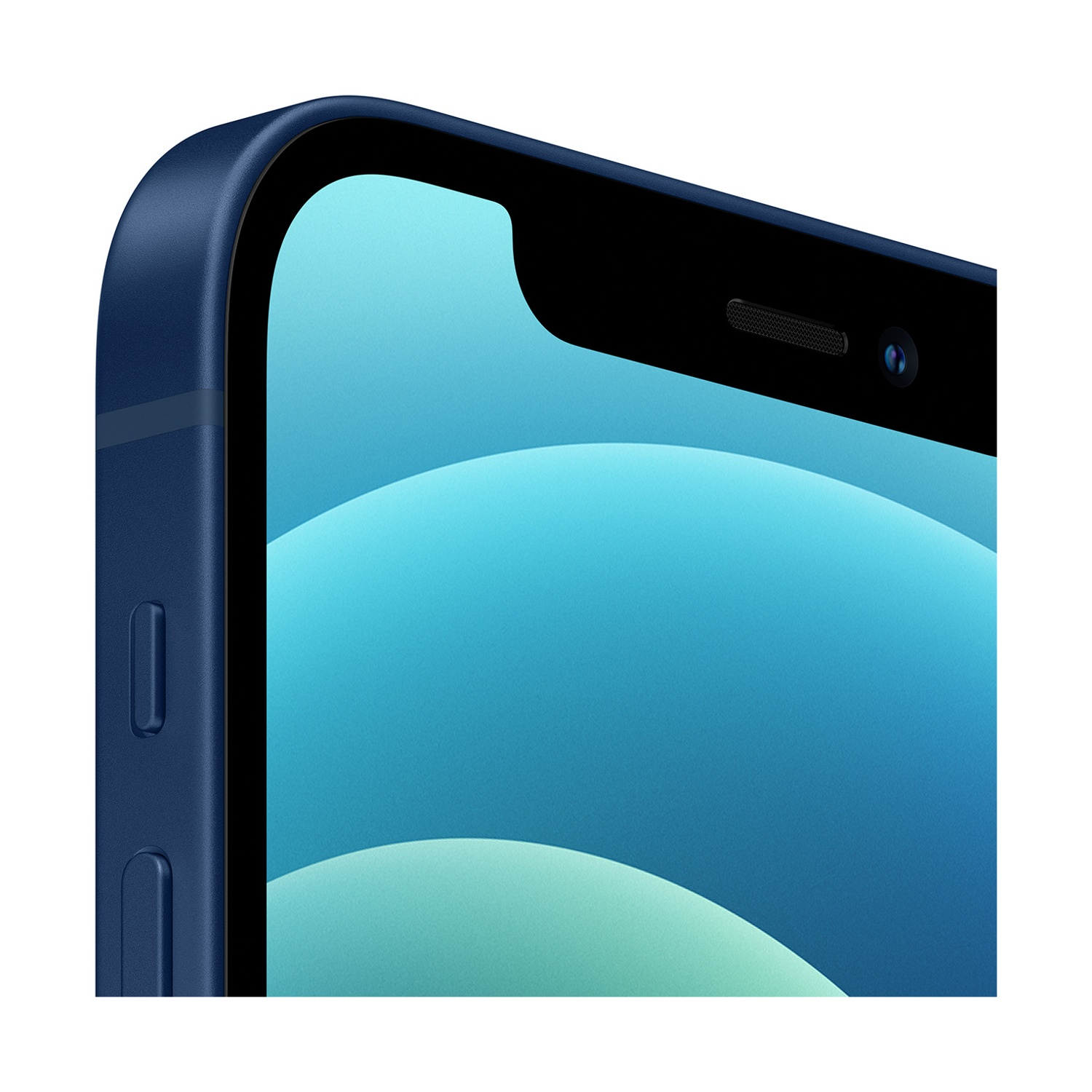 Primo piano di uno smartphone blu. Lo schermo mostra una sfumatura di blu e turchese. Una tacca nera ospita una fotocamera e un altoparlante.