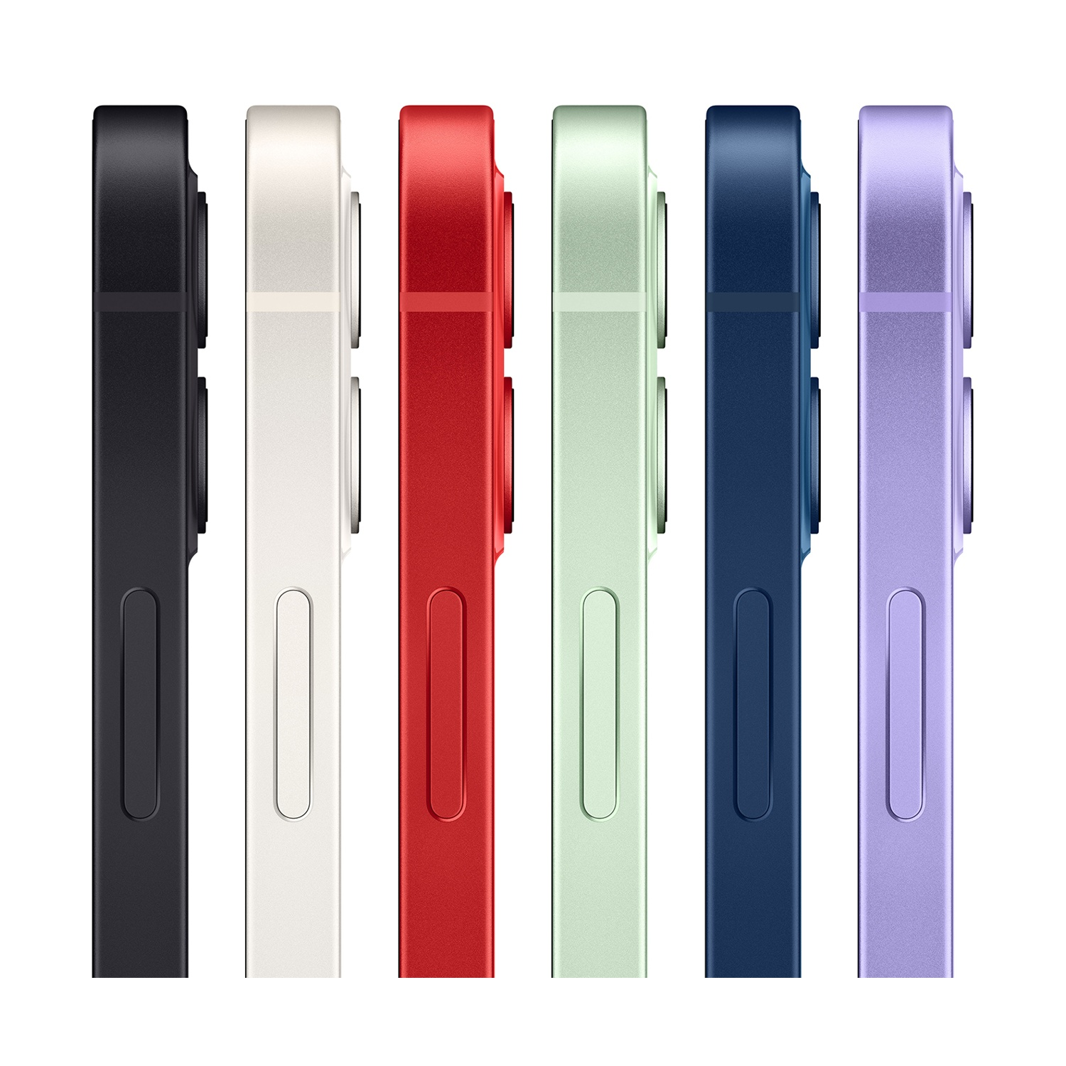 Sei smartphone colorati in fila. Nero, bianco, rosso, verde, blu e viola. Vista laterale, che mostra i pulsanti del volume e la fotocamera.