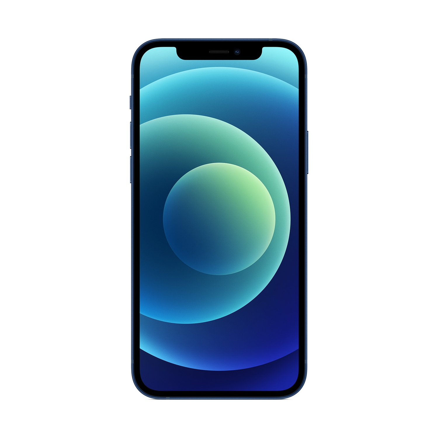 Un iPhone 12 blu su sfondo bianco. Lo schermo mostra forme circolari blu e verdi. Il telefono è centrato.