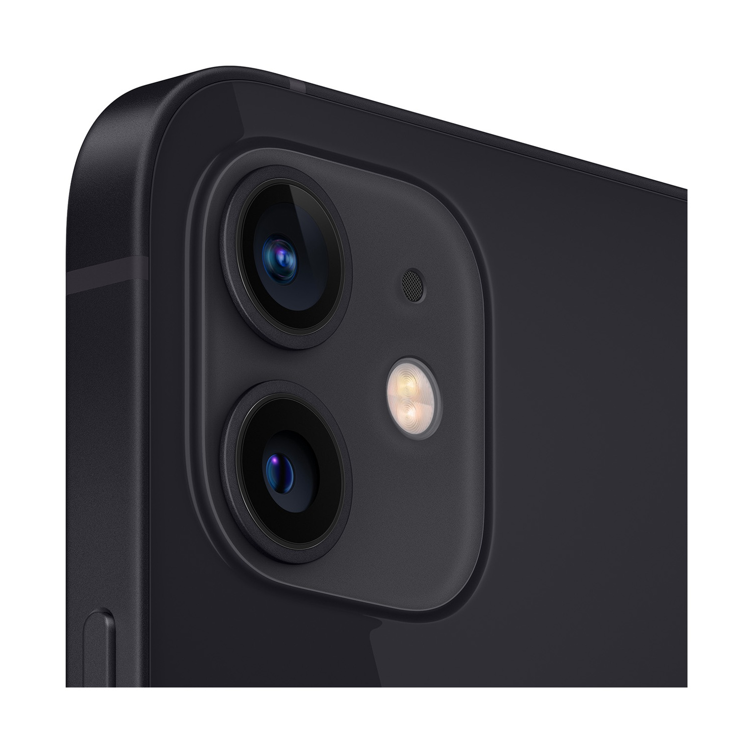 Primo piano del modulo fotocamera di uno smartphone nero, con due lenti, un flash e un microfono. Lo sfondo è nero sfocato.