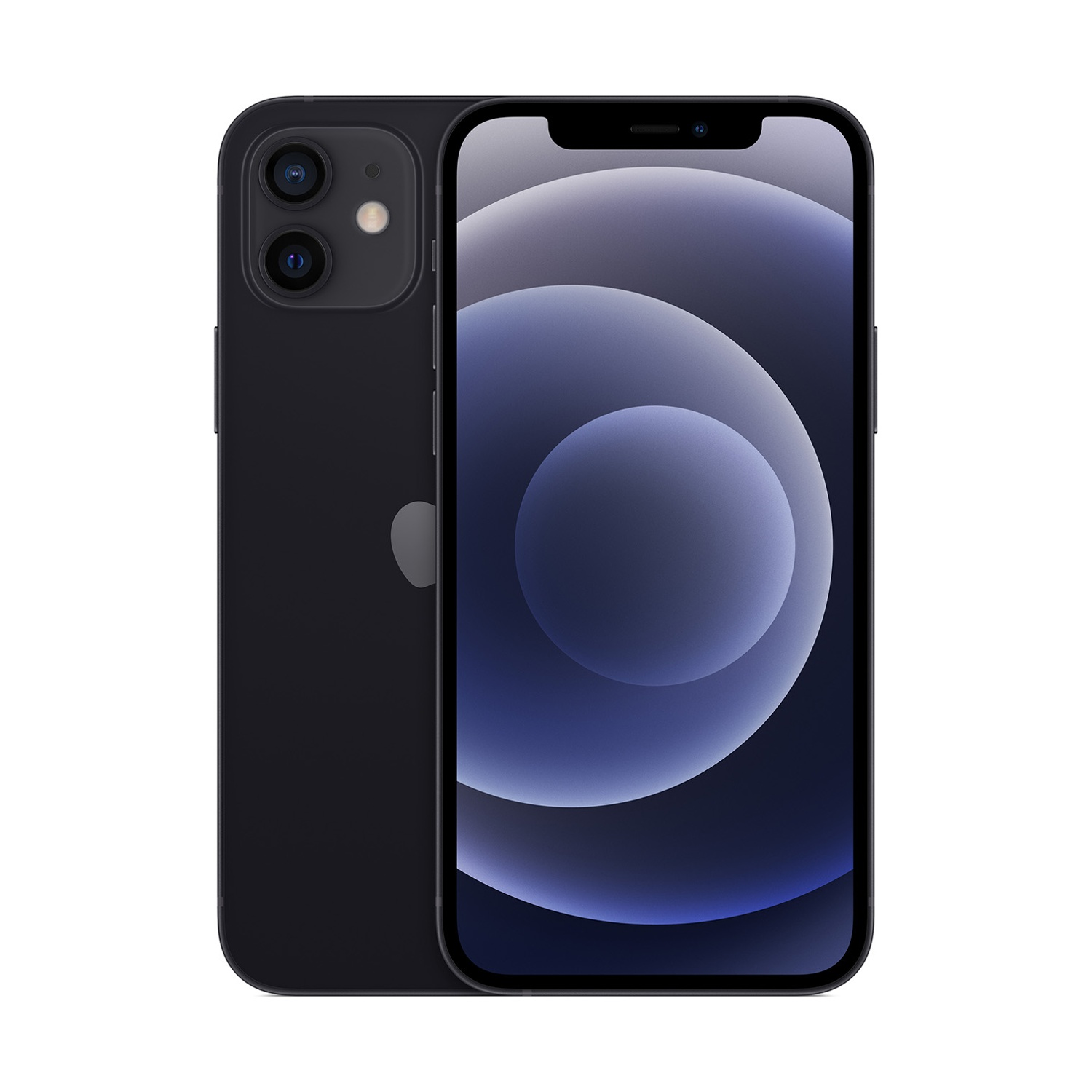 iPhone 12 Pro nero su sfondo bianco. Il display mostra una sfumatura blu. Due fotocamere visibili sul retro, con il logo Apple.