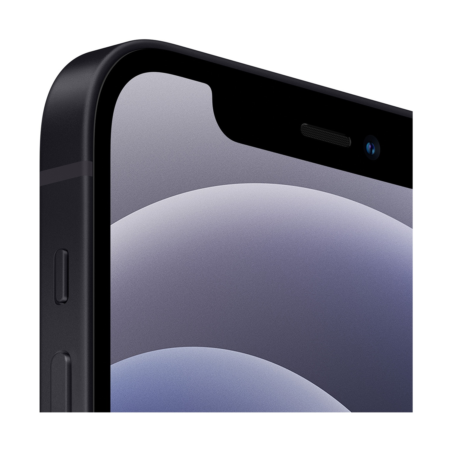 Primo piano di uno smartphone nero. Lo schermo mostra una sfumatura grigia e blu. La parte superiore ha una fotocamera e un altoparlante.