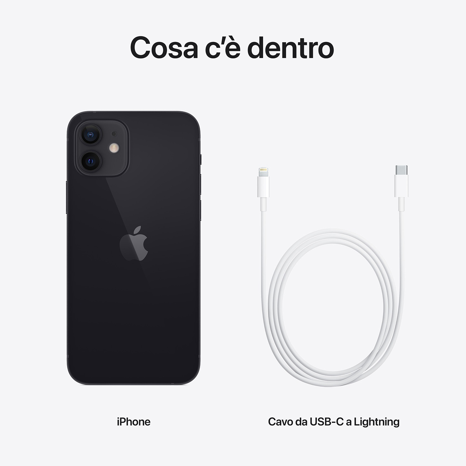 iPhone nero e cavo da USB-C a Lightning bianco su sfondo bianco. Titolo: Cosa c'è dentro?