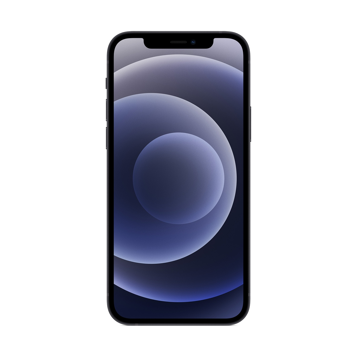 Uno smartphone nero con uno sfondo astratto blu scuro e bianco sullo schermo. Il telefono è centrato su uno sfondo bianco.