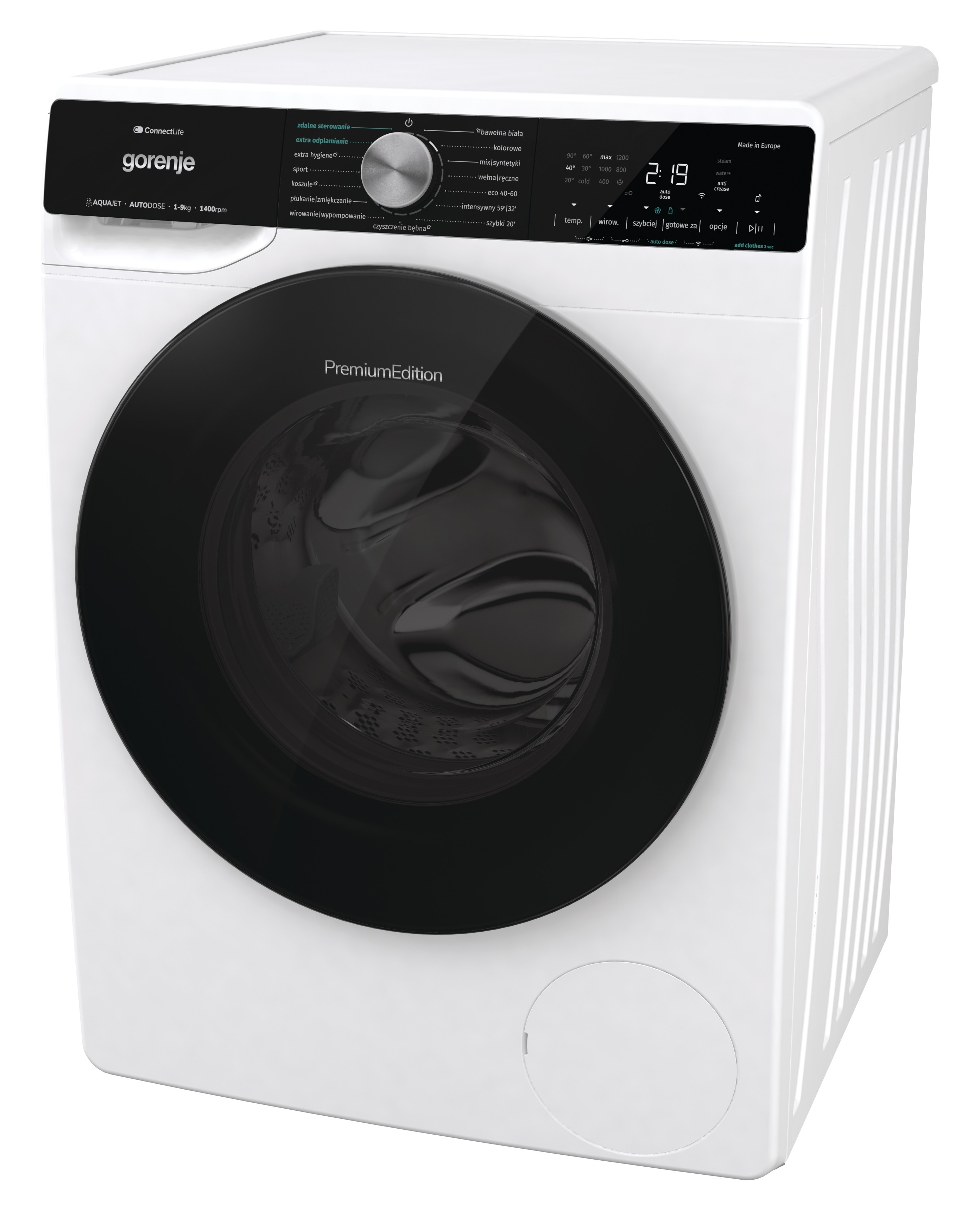 Biała pralka z czarnymi drzwiami i panelem sterowania. Wyświetla ustawienia i zegar cyfrowy.