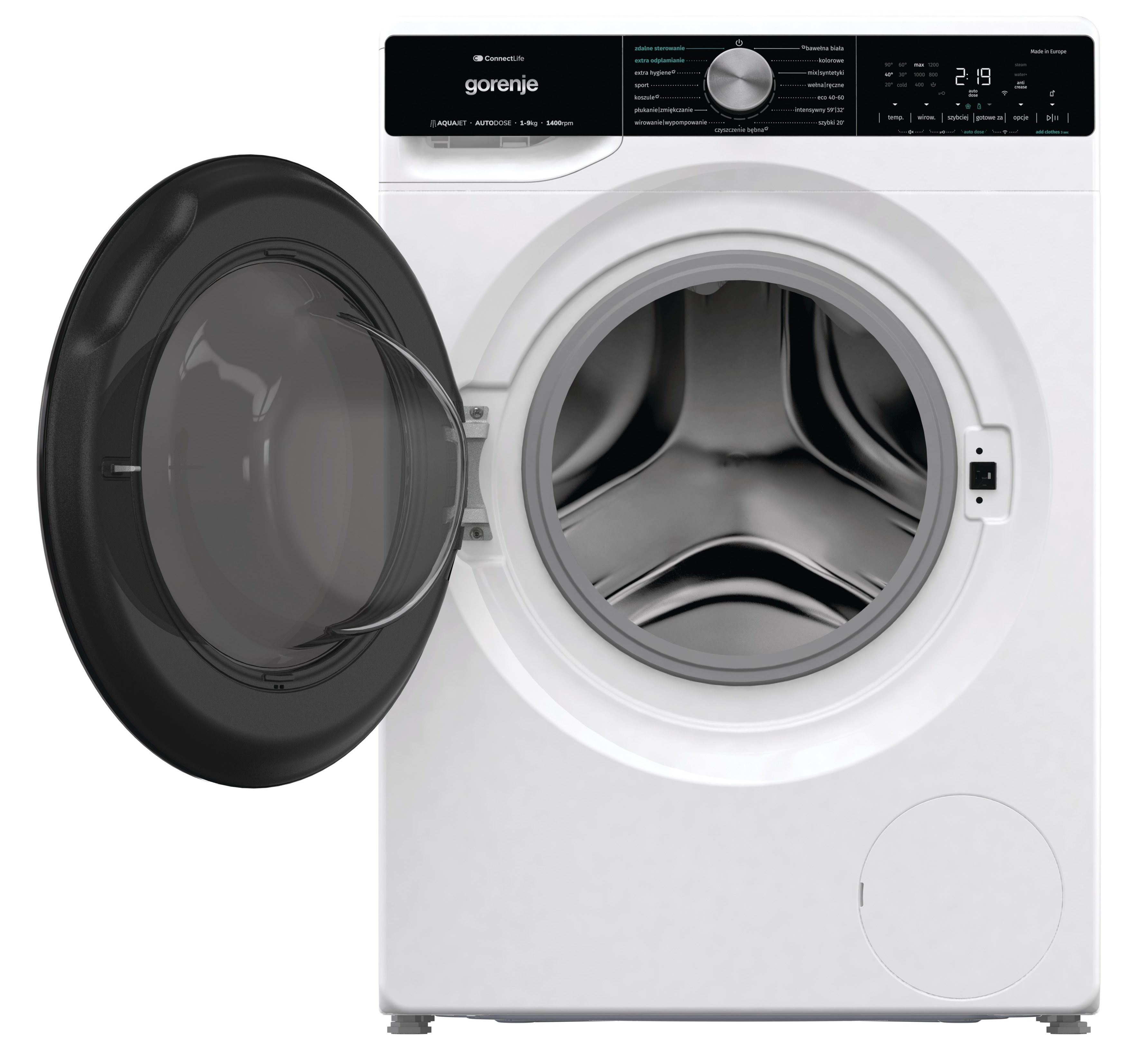 Biała pralka Gorenje z otwartymi drzwiami, pokazująca bęben. Widoczny panel sterowania.