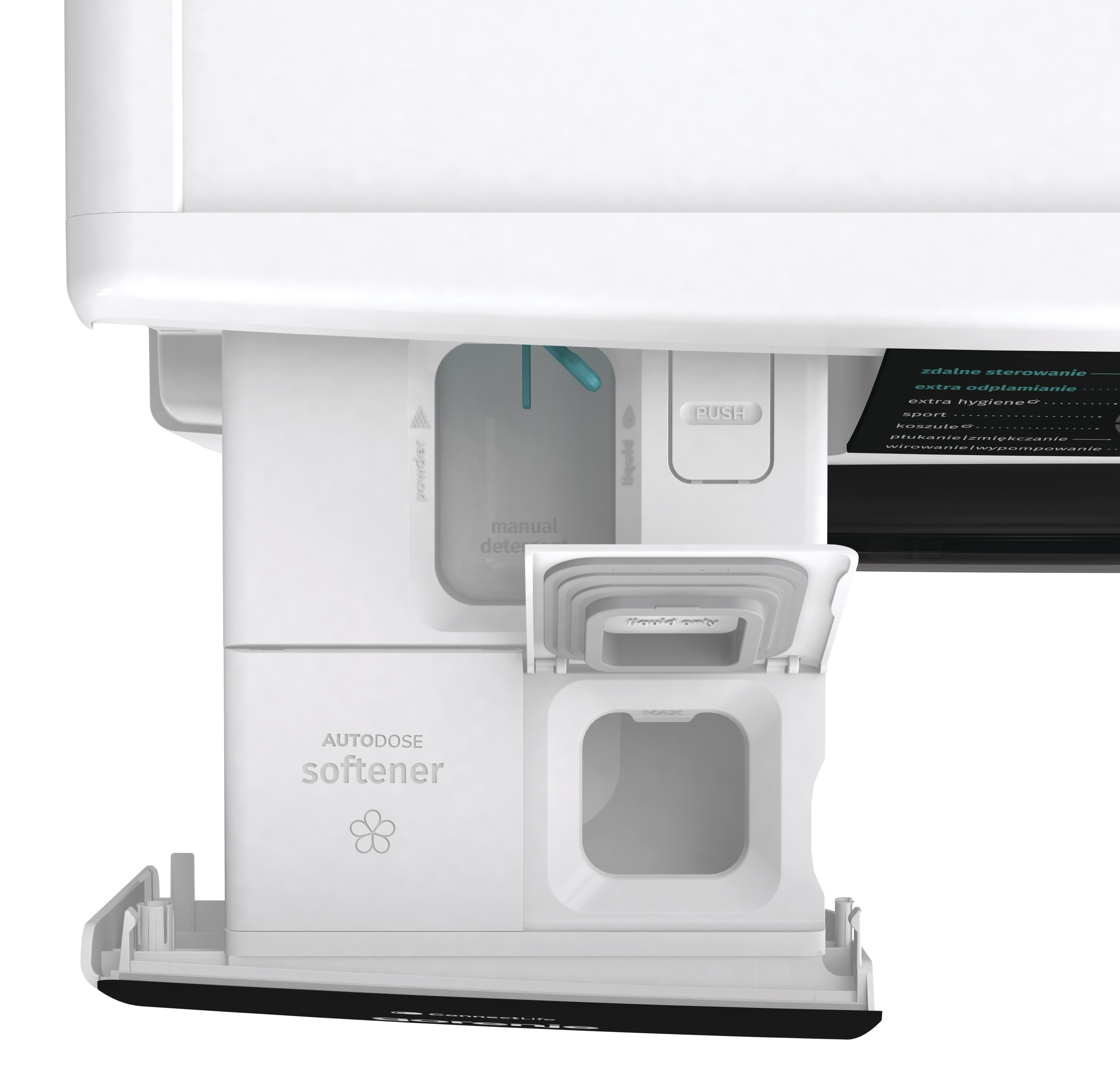 Biały dozownik detergentu do pralki z otwartymi przegrodami i sekcjami oznaczonymi na detergent i płyn do płukania.
