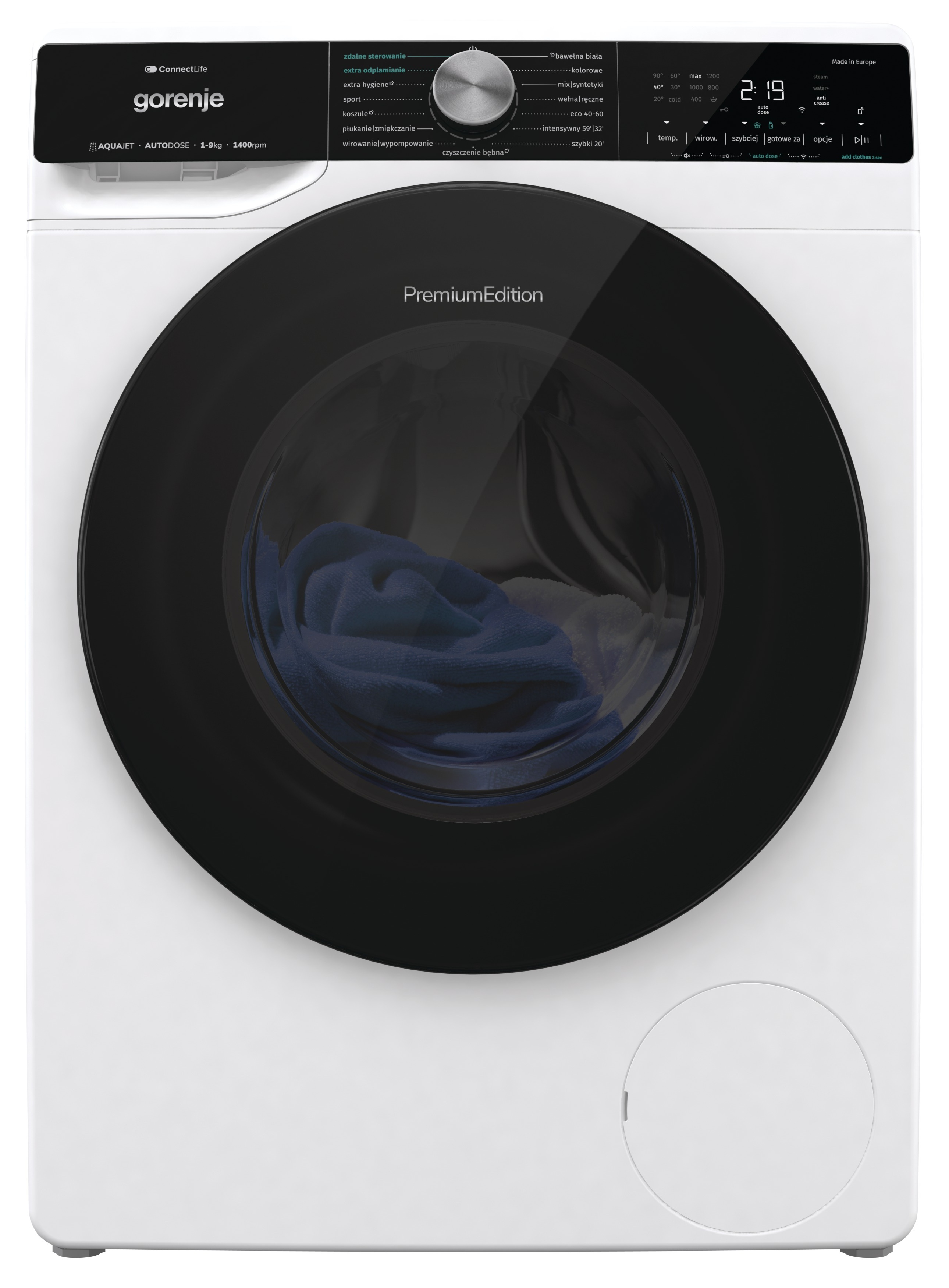 Biała pralka Gorenje z czarnymi drzwiami. W bębnie widoczny jest niebieski ręcznik. Elementy sterujące są na górze.