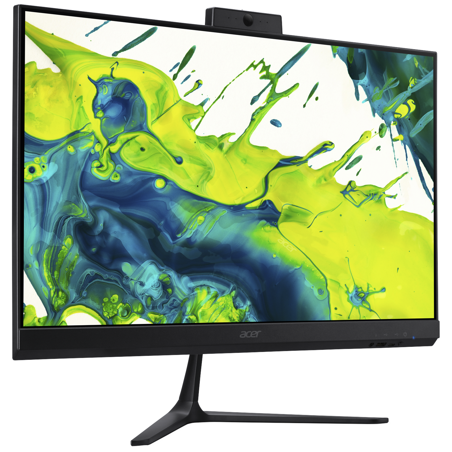 Acer all-in-one pc met zwarte standaard en scherm. Het scherm toont abstracte kunst met gele, blauwe en groene verf.