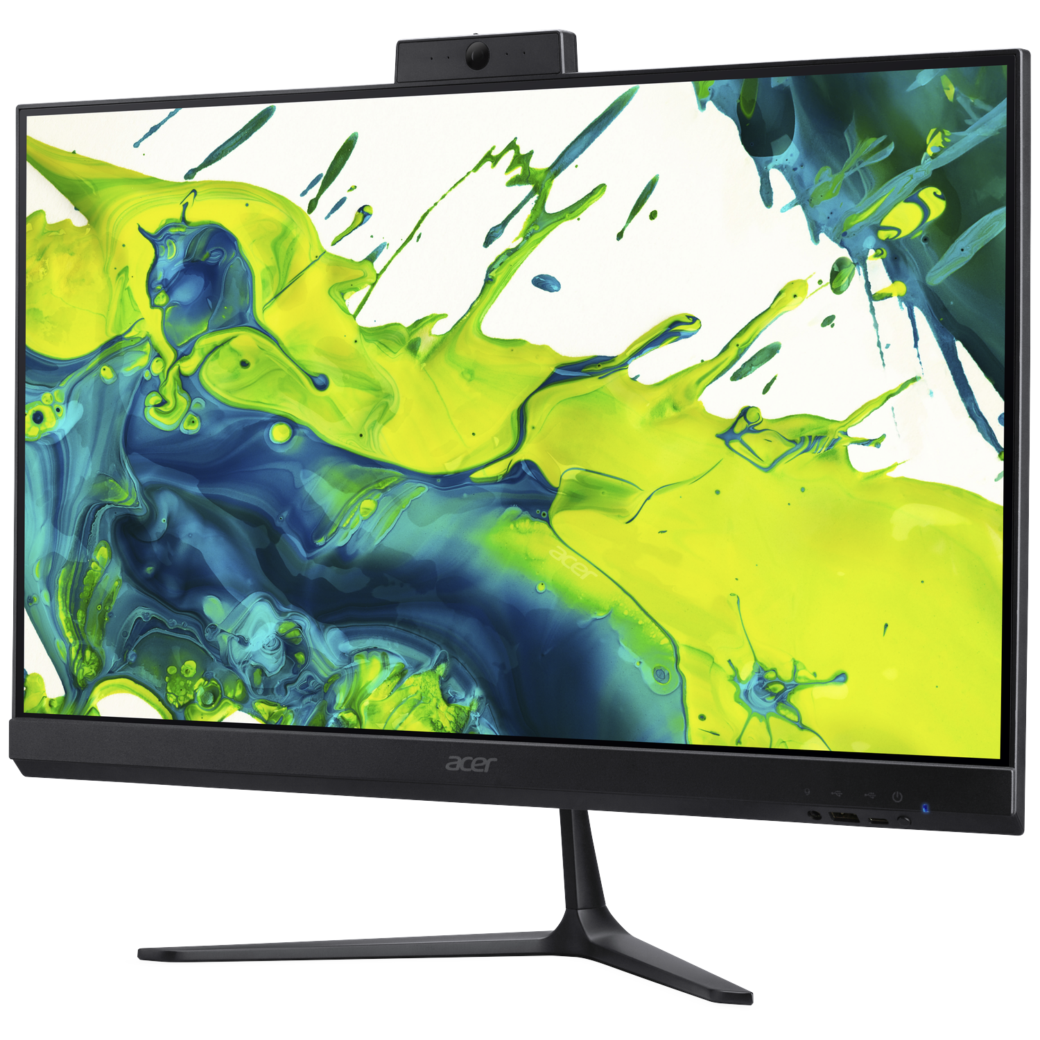 Acer all-in-one desktopcomputer met abstracte kunst op het scherm. Het scherm toont gele, blauwe en witte verfstreken.