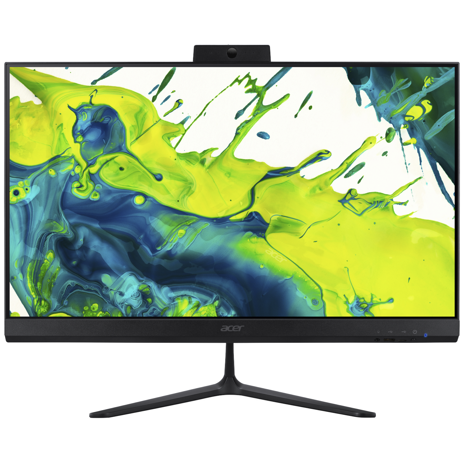 Zwarte Acer alles-in-één computer. Scherm toont gele en blauwe verfspetters. Webcam bovenaan. Standaard is zwart, V-vormig.