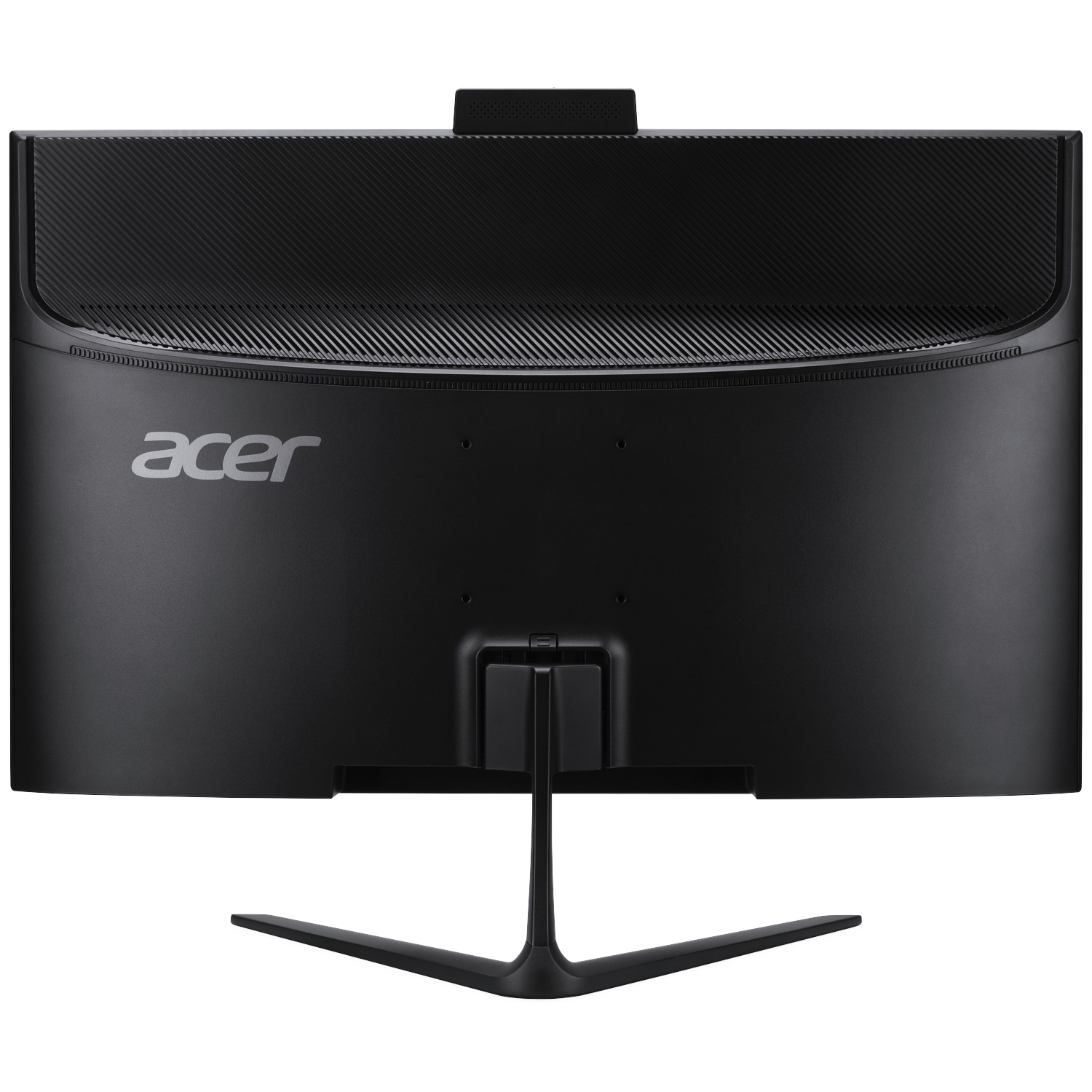 De achterkant van een zwarte Acer-monitor. Hij heeft een gebogen scherm, een webcam en een standaard. Het Acer-logo is zichtbaar.