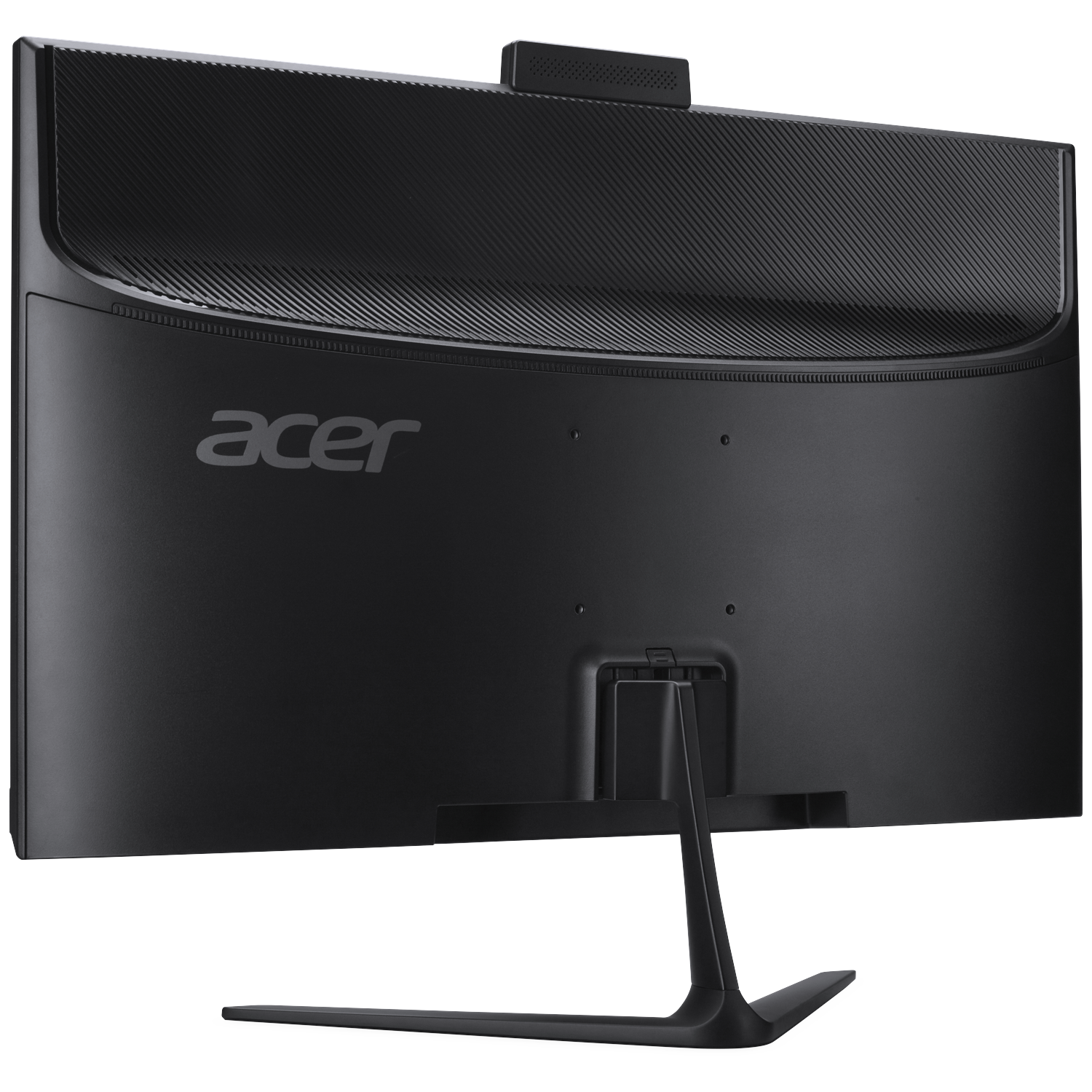 De achterkant van een zwarte Acer-monitor. Het heeft een standaard, het Acer-logo en een getextureerde bovenkant. De monitor staat op een witte achtergrond.