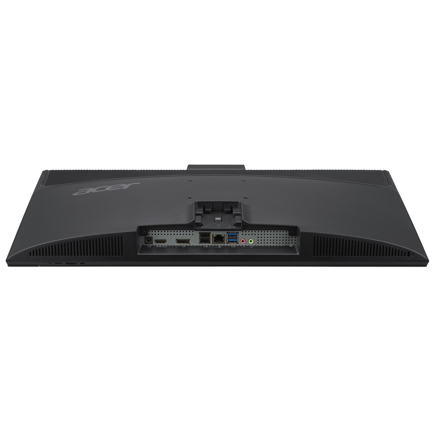 De achterkant van een zwarte Acer-monitor wordt getoond. Poorten zijn onder meer HDMI, USB en audio-aansluitingen. Het Acer-logo is zichtbaar.