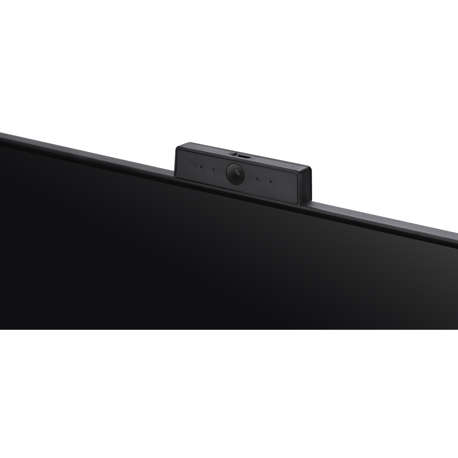 Een zwarte webcam staat bovenop een zwarte monitor. De achtergrond is wit.