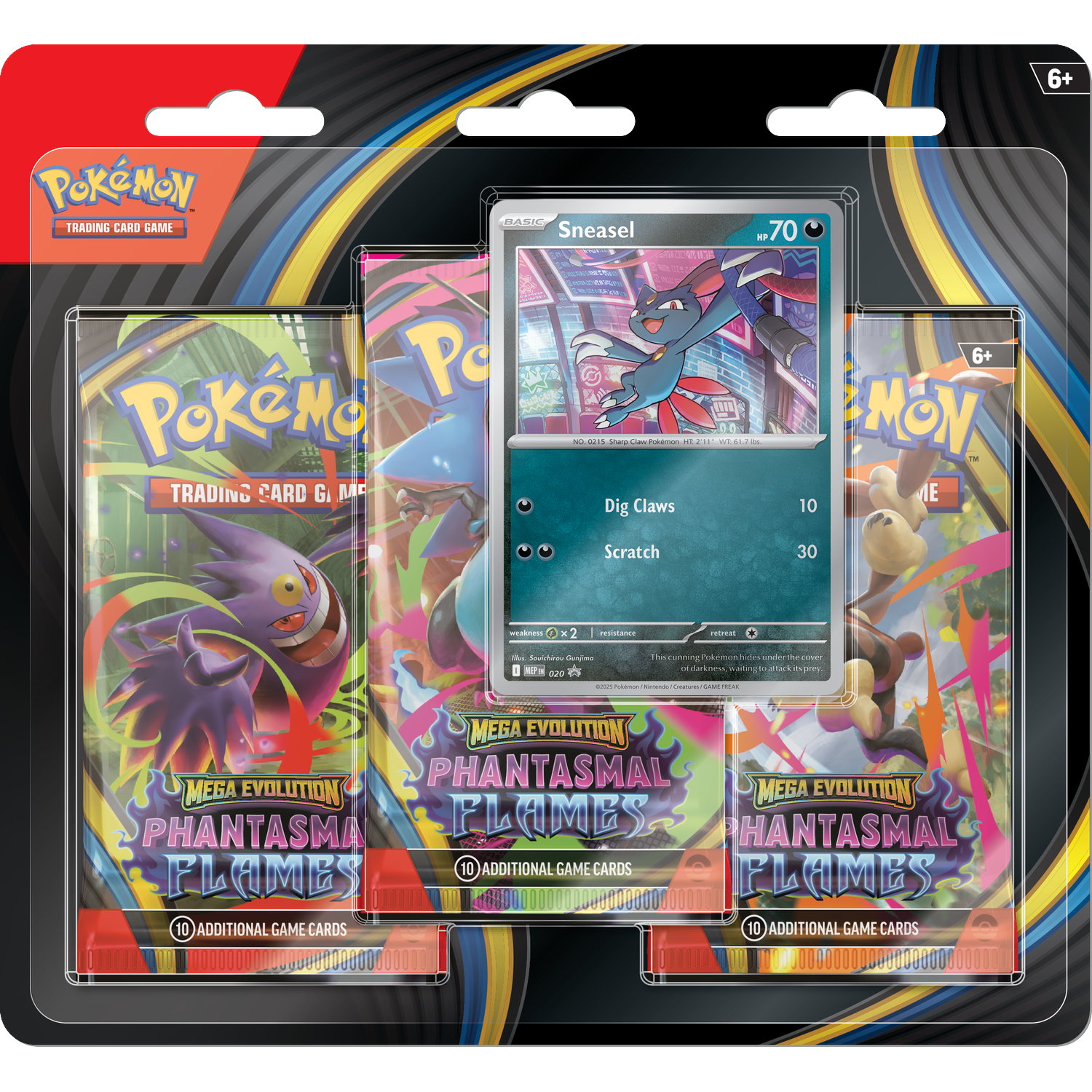 Un paquet de jeu de cartes à collectionner Pokémon. Il comprend une carte Sneasel et des packs Mega Evolution. L'emballage est noir et rouge.