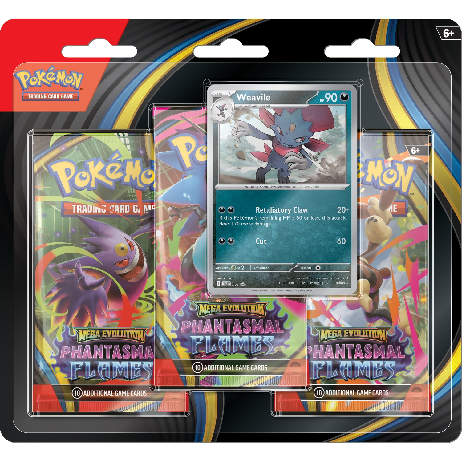 Un paquet de jeu de cartes à collectionner Pokémon avec des cartes et des boosters. La carte principale présente Weavile. L'arrière-plan présente des paquets violets et oranges.