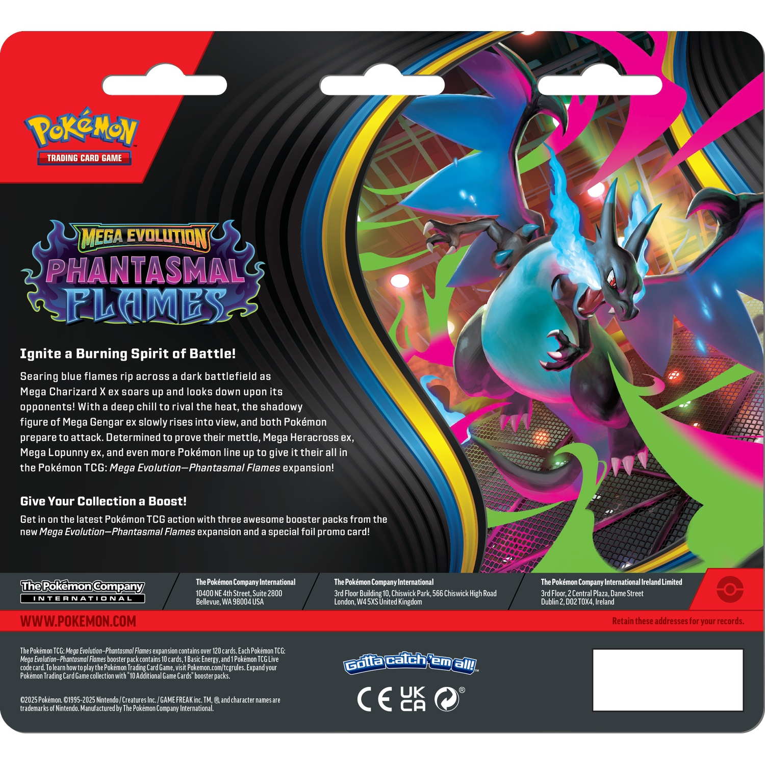 Carton avec une illustration de Charizard avec des flammes bleues et le texte : Mega Evolution Phantasmal Flames.