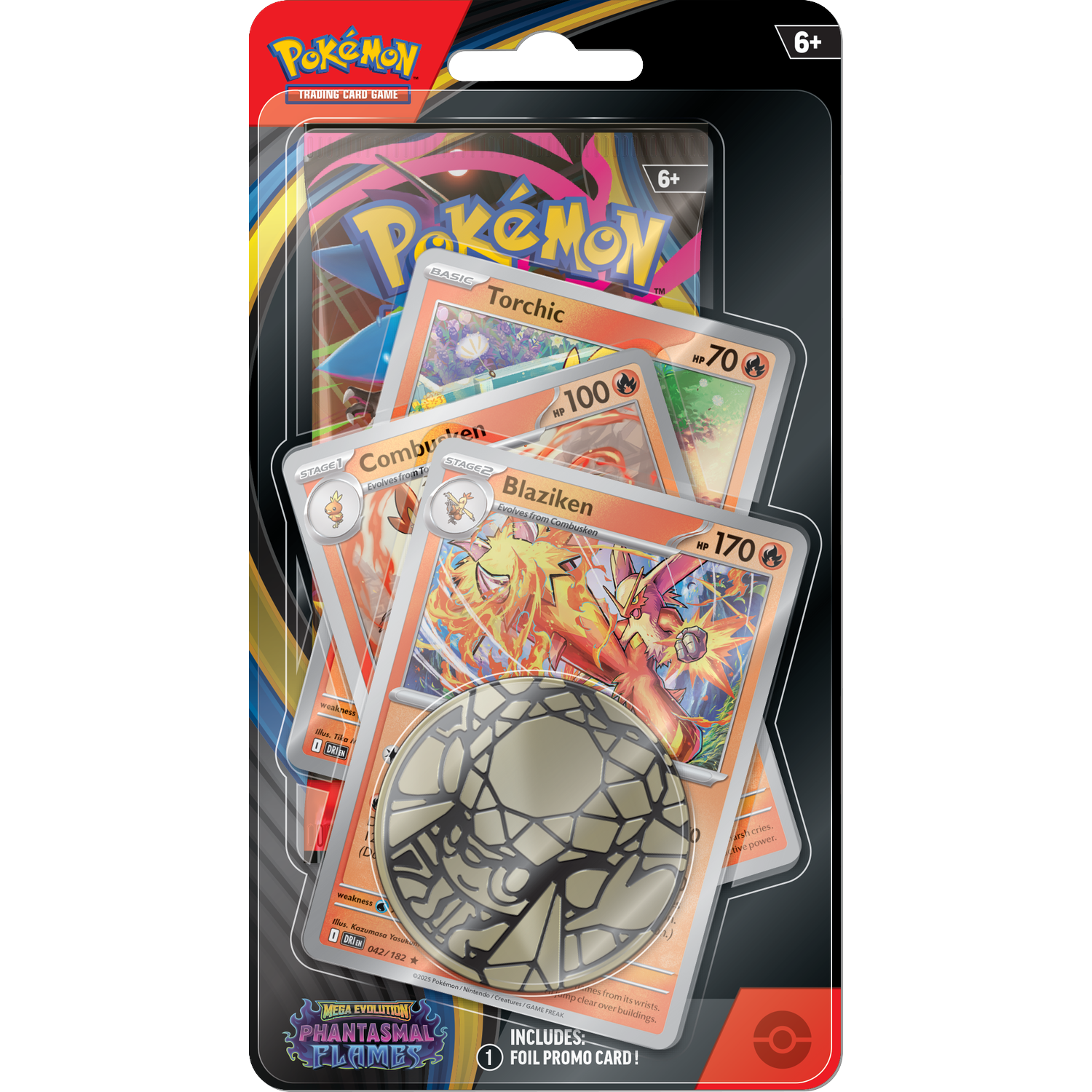 Een Pokémon trading card game pack. Het bevat kaarten, een munt en een folie promokaart, allemaal zichtbaar door transparant plastic.