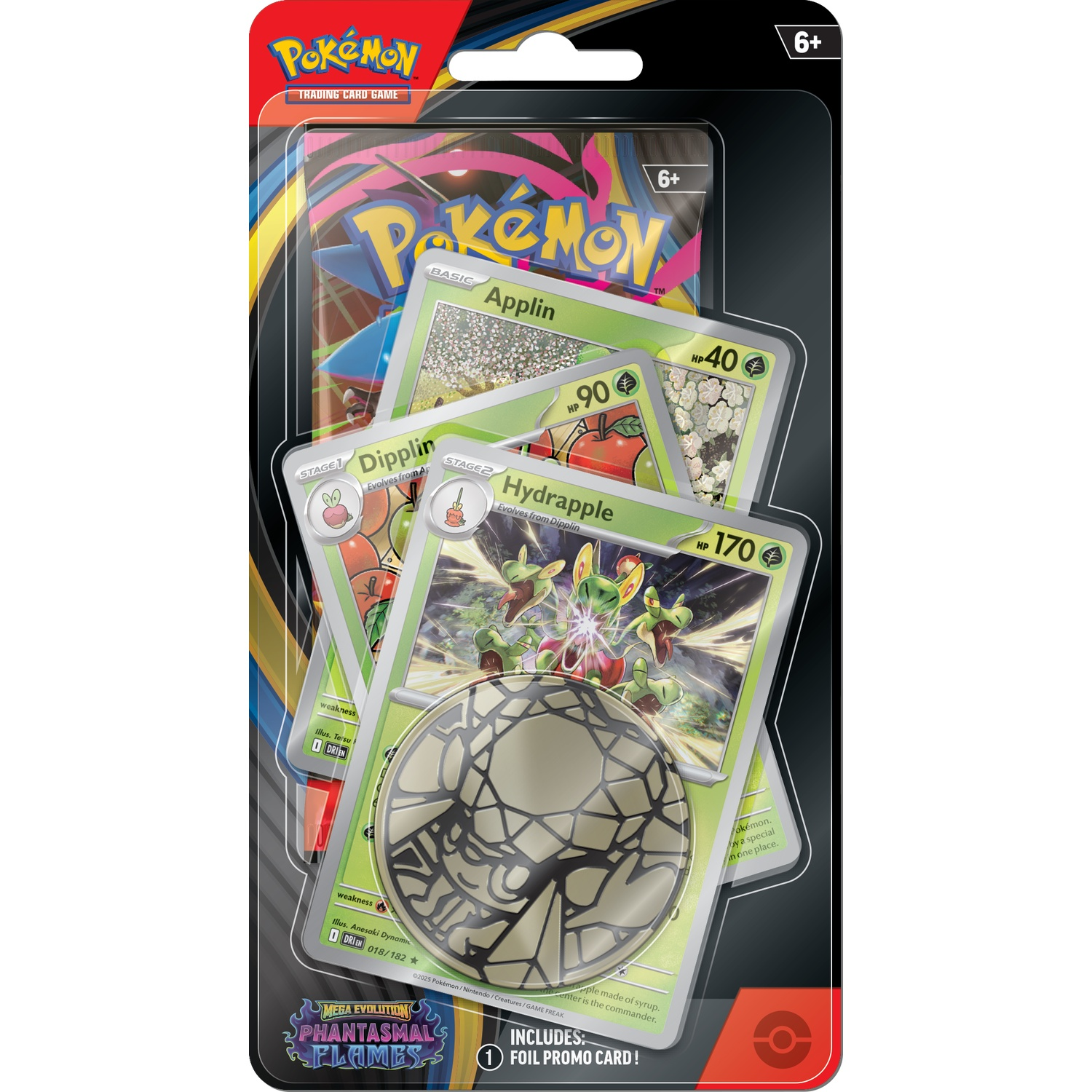 Een Pokemon trading card game pakket, inclusief kaarten en een munt. Het pakket heeft een zwarte en rode achtergrond, met het Pokemon logo.