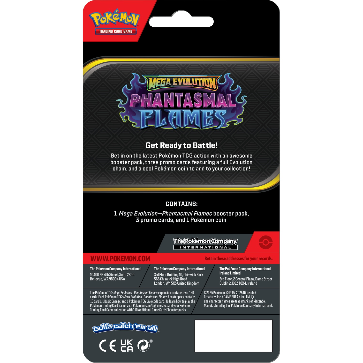 Pokémon TCG booster pack. Zwarte achtergrond met productdetails en logo, waaronder 'Phantasmal Flames' en 'Mega Evolution'.