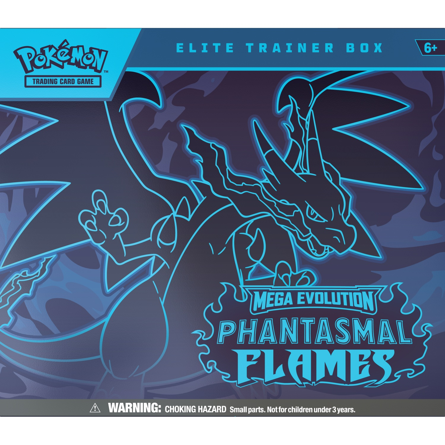 Een Pokémon Elite Trainer Box met een Charizard-omtrek. Blauw en zwart kleurenschema. Tekst bevat 'Mega Evolution' en 'Phantasmal Flames'.