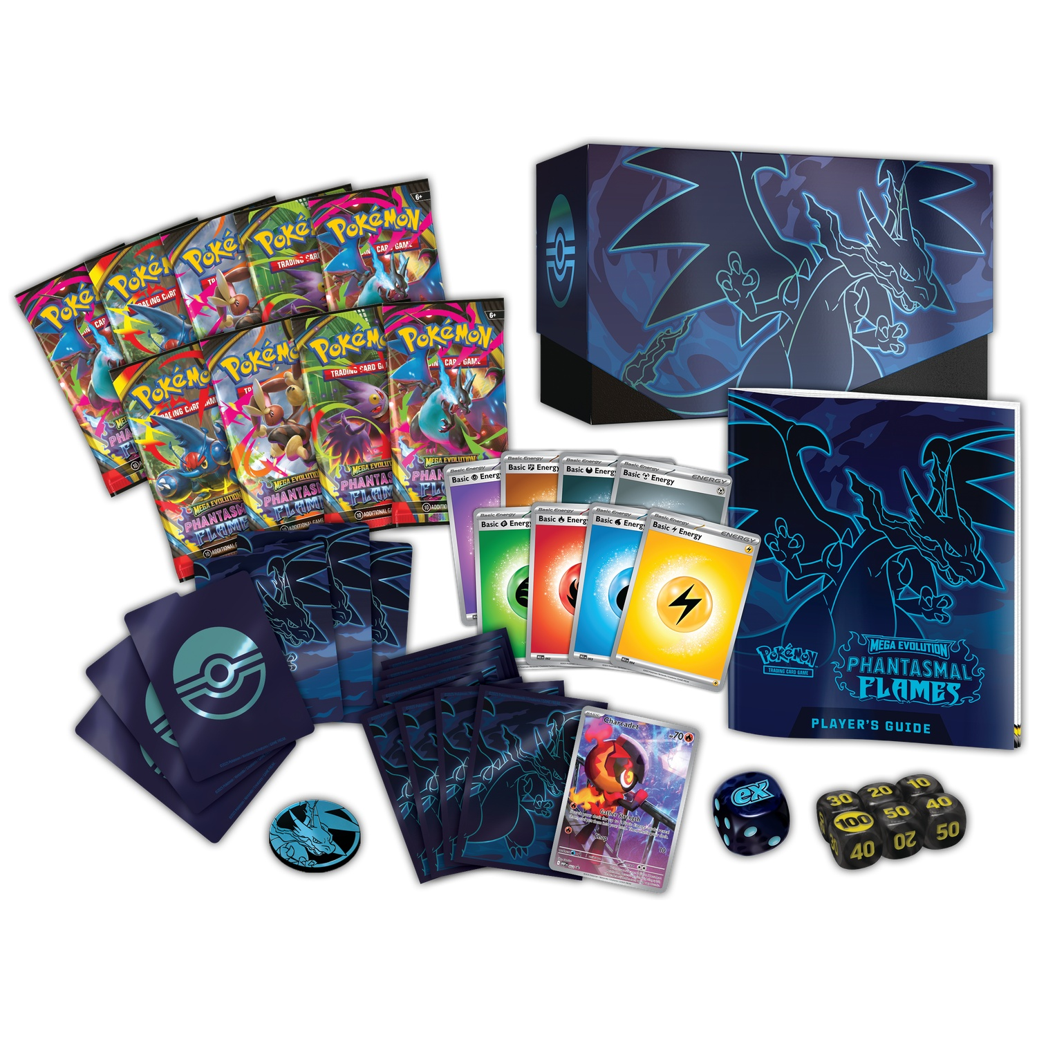Pokémon TCG-set. Inclusief booster packs, speelmatten, dobbelstenen, energiekaarten, spelersgids, Charcadet-kaart en een doos.