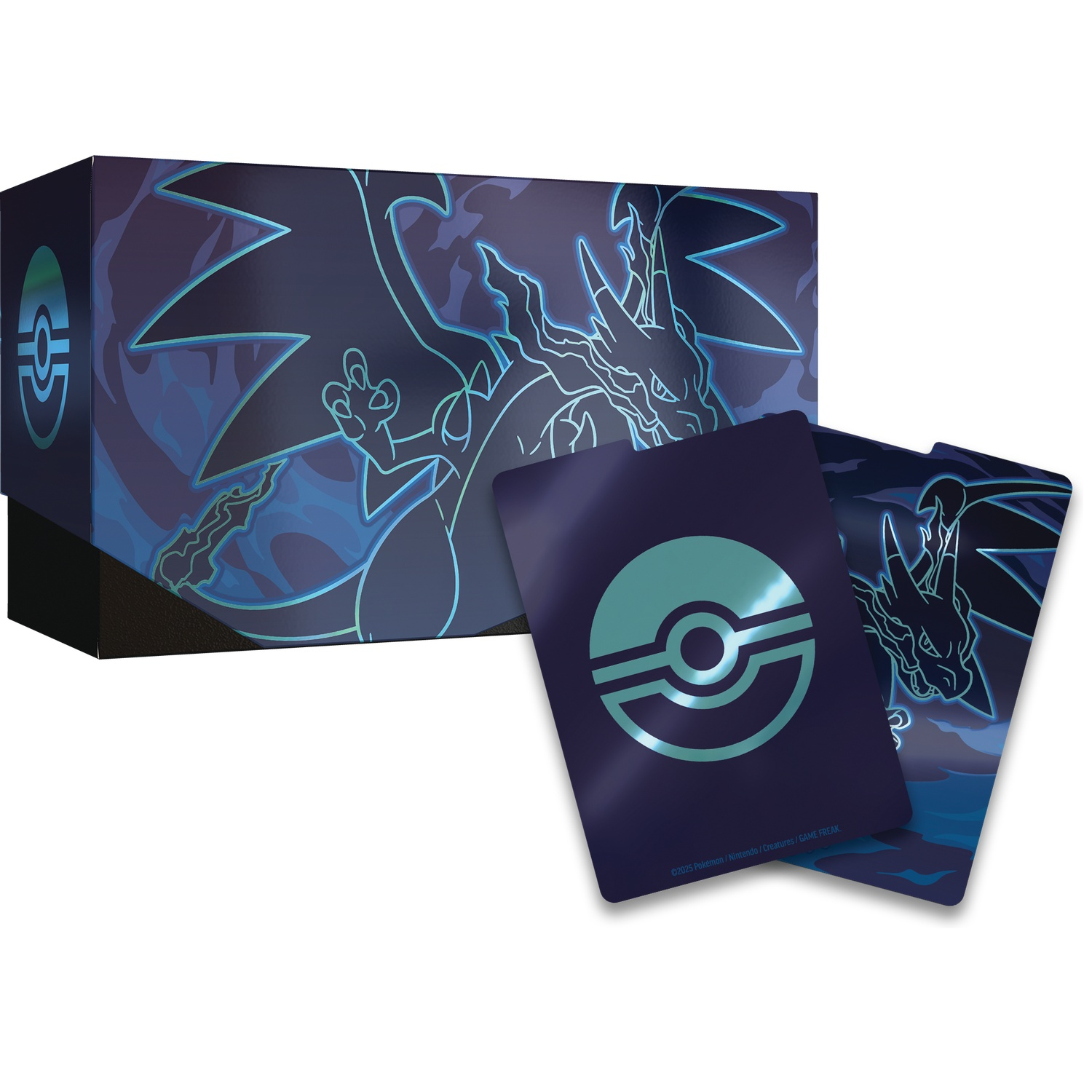 Een Pokemon-kaartenbox met kaarten. De box en kaarten hebben een blauw en blauwgroen ontwerp met een draak en een Pokemon-symbool.