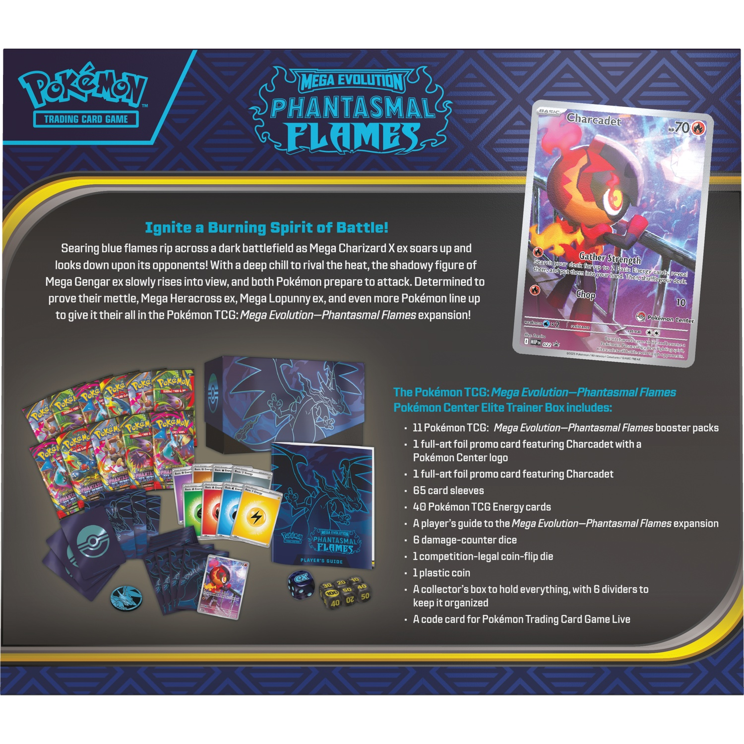 Afbeelding toont een Pokemon TCG boxset. Bevat kaarten, dobbelstenen en een Charcadet-kaart. De achtergrond is blauw met vurige designelementen.