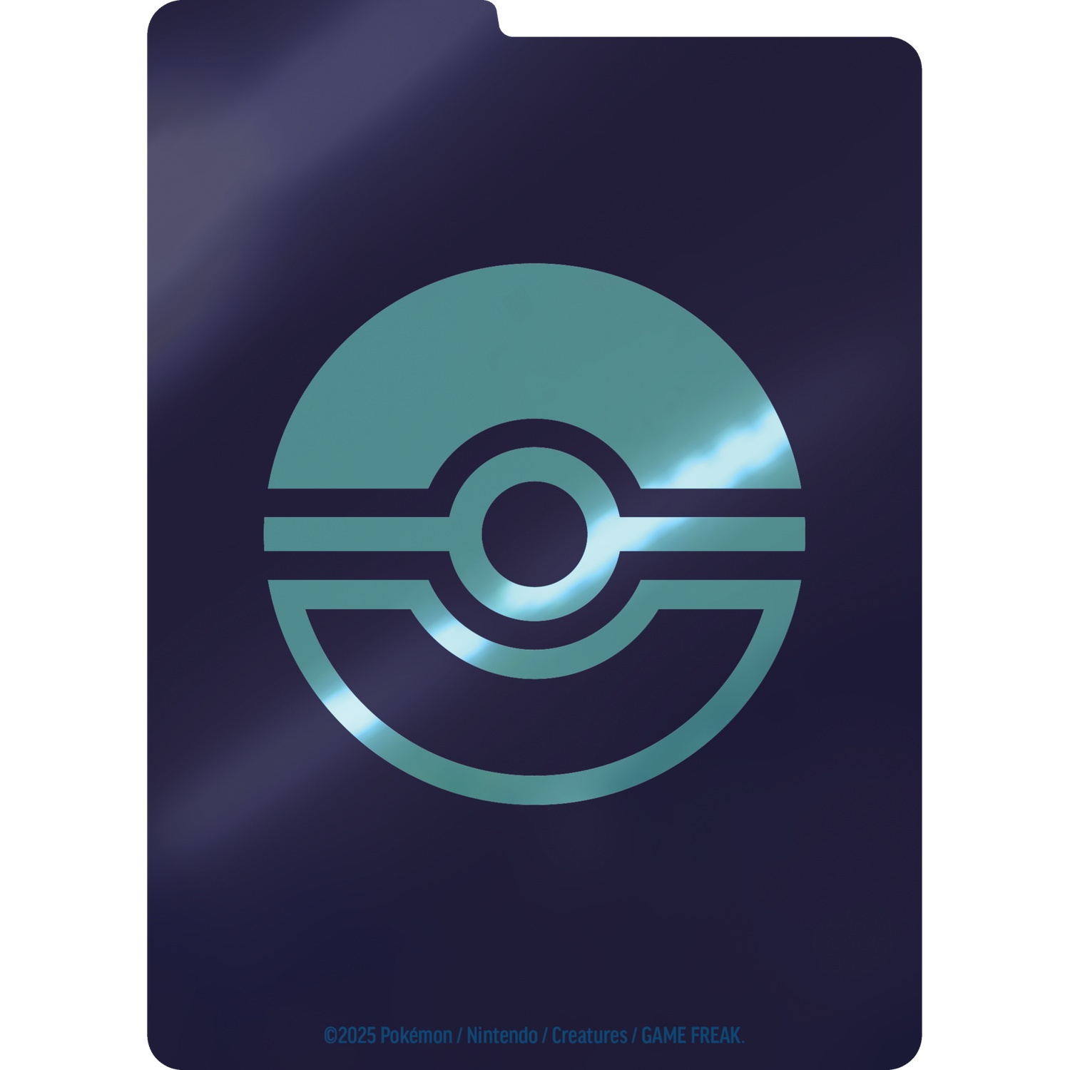 Een donkerblauwe kaart met een teal en wit Pokémon-balontwerp. De bal is gecentreerd en heeft een cirkel en twee horizontale lijnen.