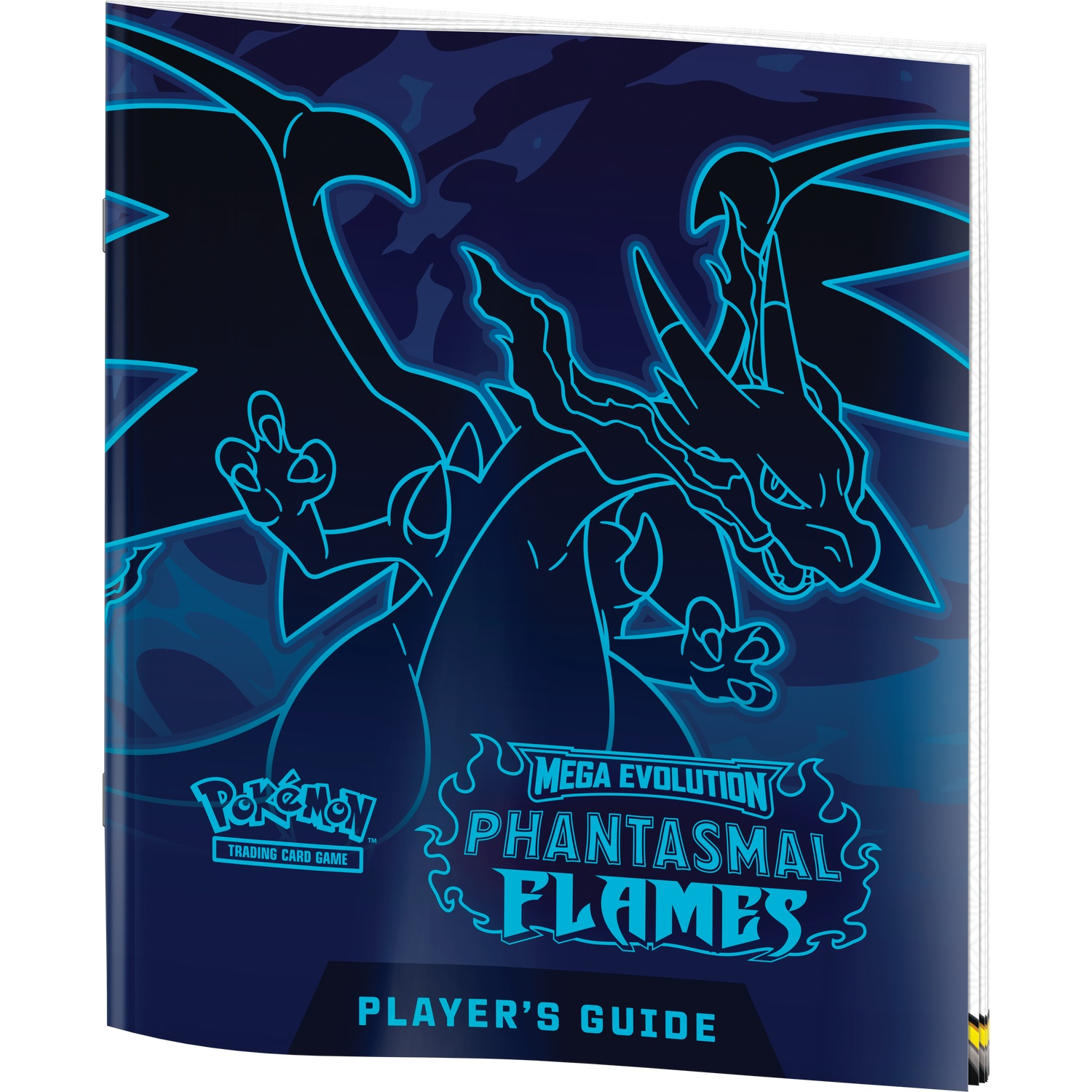 Een donkerblauwe Pokémon-kaartenbinder. Het heeft een Charizard-omtrek in neonblauw, met de tekst 'Mega Evolution Phantasmal Flames'.