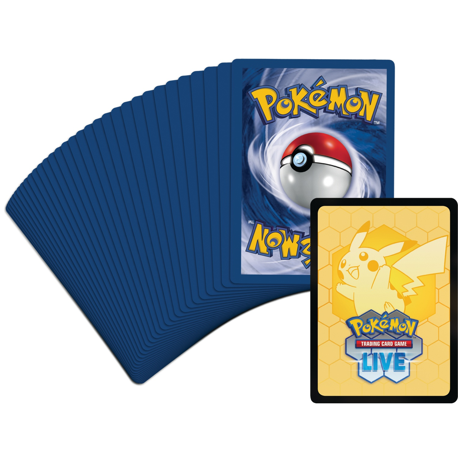 Een waaier van kaarten met blauwe achterkant, met twee Pokémon-kaarten aan de voorkant. Eén toont een Pokébal, de andere Pikachu en een logo voor ruilkaarten.
