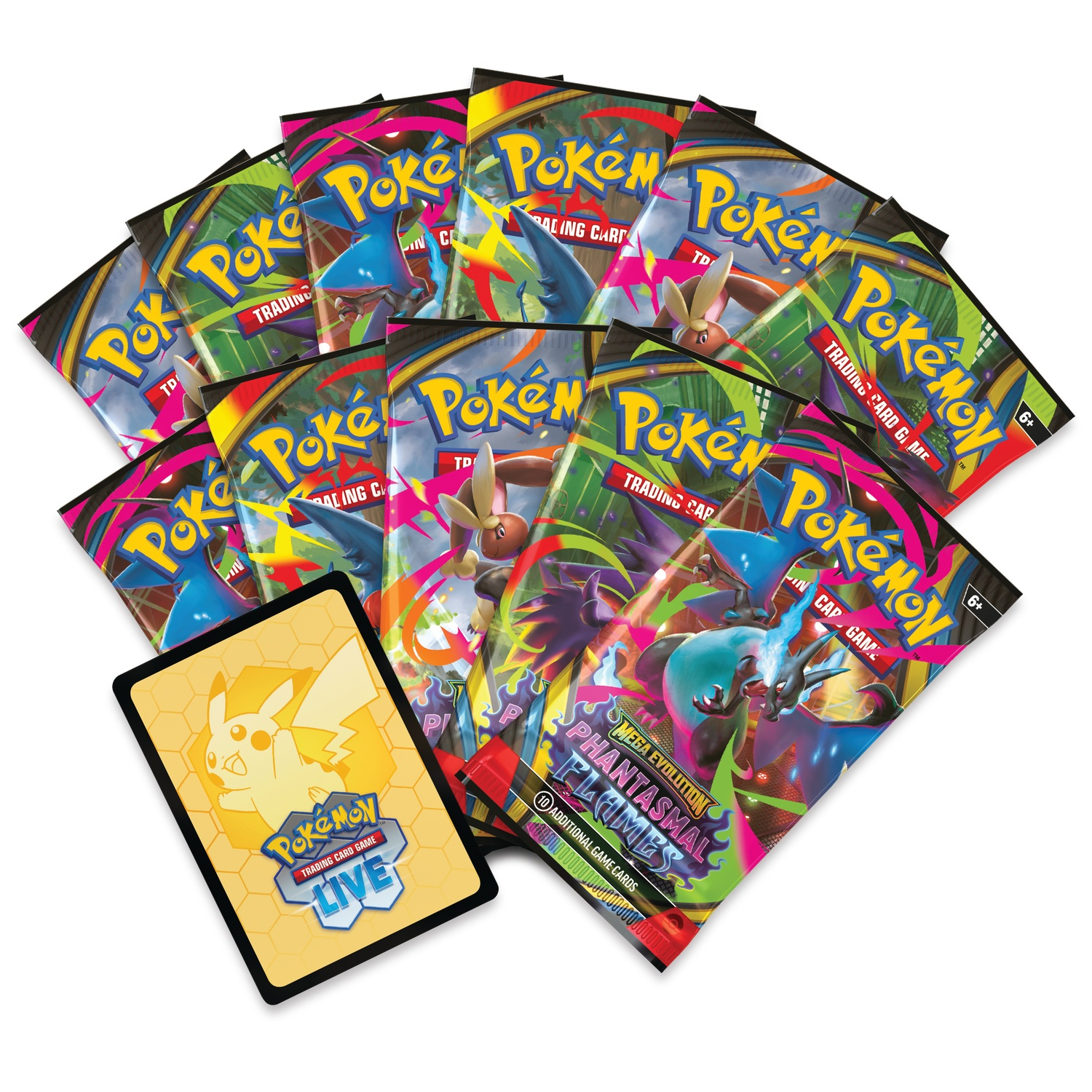 Verschillende Pokemon-kaartpakketten en één enkele kaart, allemaal op een witte ondergrond. De pakketten zijn kleurrijk met verschillende Pokemon-personages.