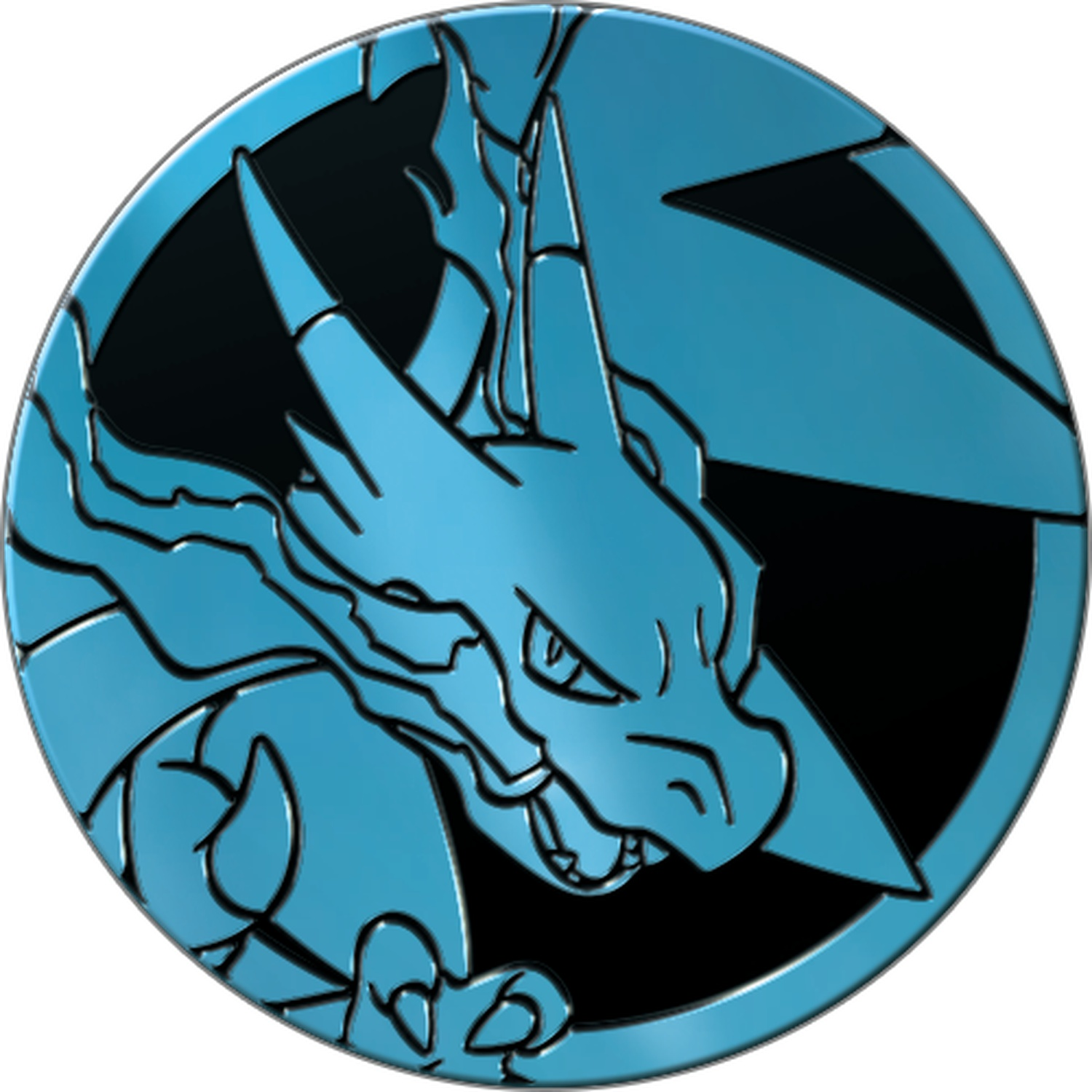 Een blauw-zwarte munt toont een drakenontwerp. De draak is blauw met zwarte details, tegen een zwart-blauwe achtergrond.