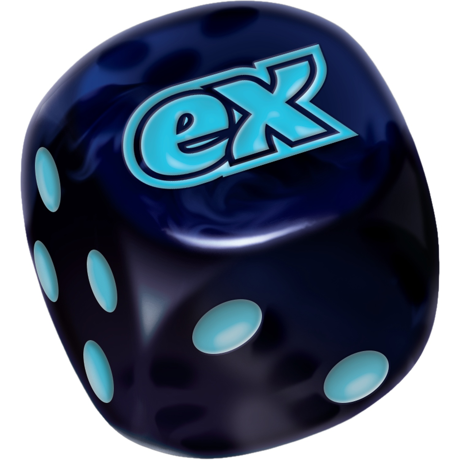 Een donkerblauwe dobbelsteen met lichtblauwe stippen en de letters 'ex'. De dobbelsteen is glanzend met een witte achtergrond.