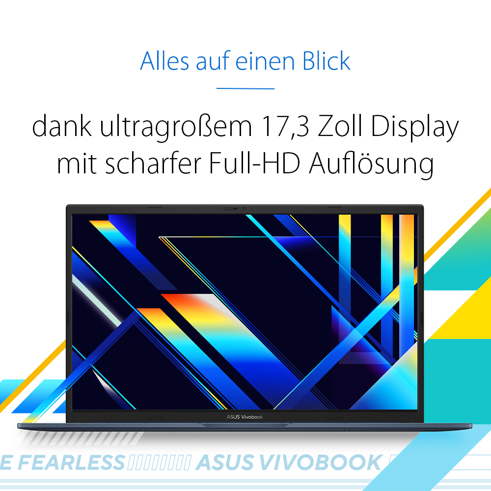Laptop mit dunkelblauem Bildschirm, der ein farbenfrohes abstraktes Design zeigt. Text auf Deutsch: 'Alles auf einen Blick'.