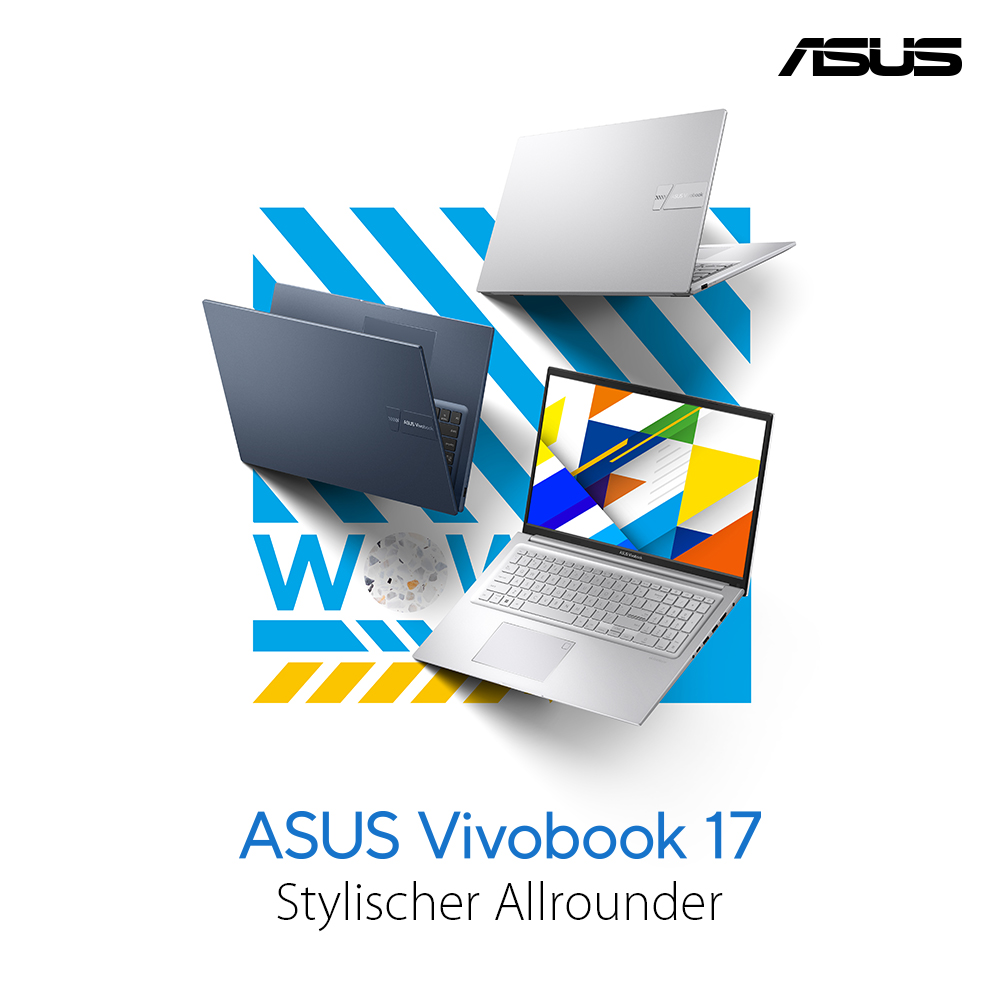 ASUS Vivobook 17 Laptops in Weiß und Blau. Bunte Bildschirmanzeigen. Weißer Hintergrund mit blau-gelben Diagonalen. ASUS-Logo.