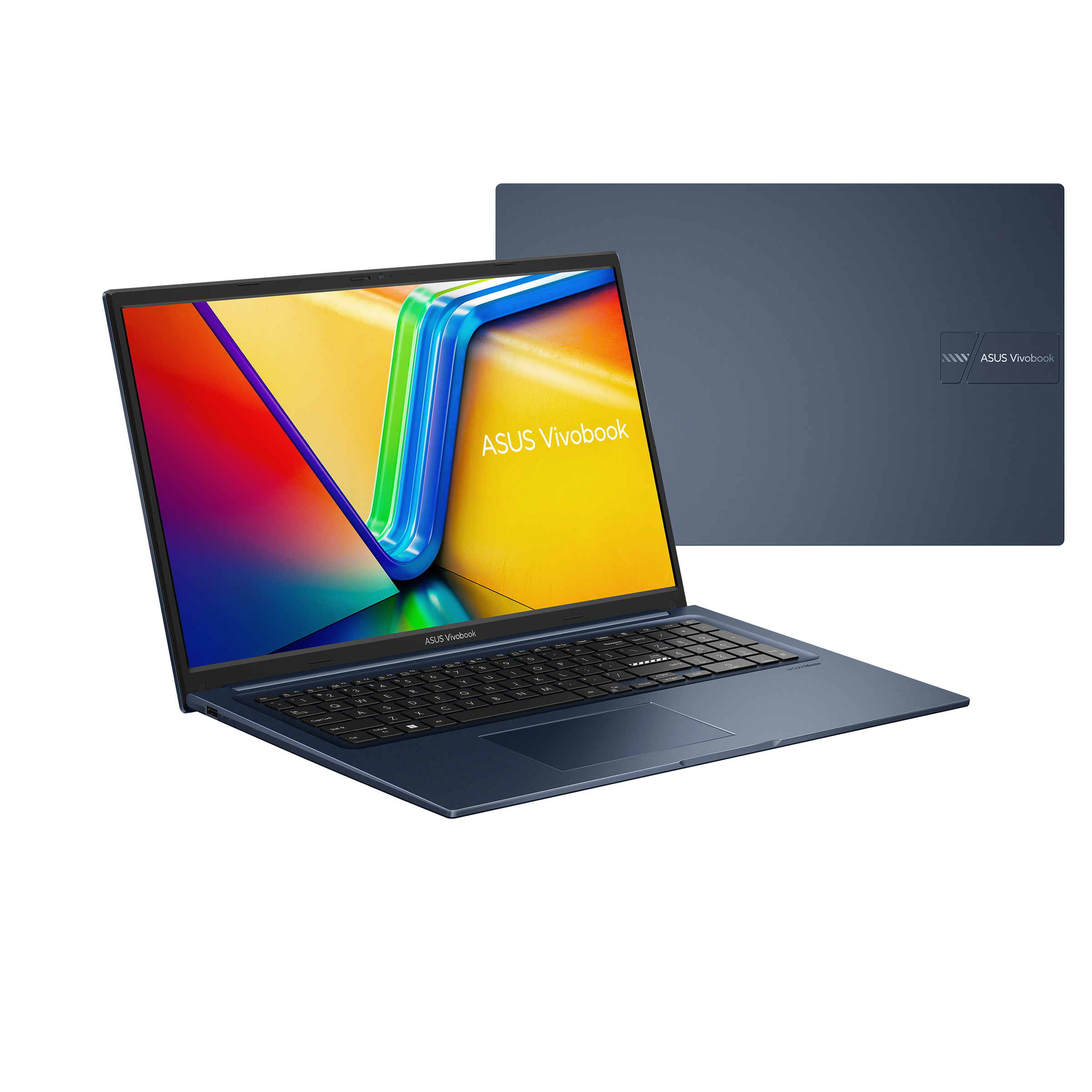Blauer ASUS Vivobook Laptop geöffnet. Der Bildschirm zeigt bunte Grafiken. Ein weiterer Laptop im Hintergrund.