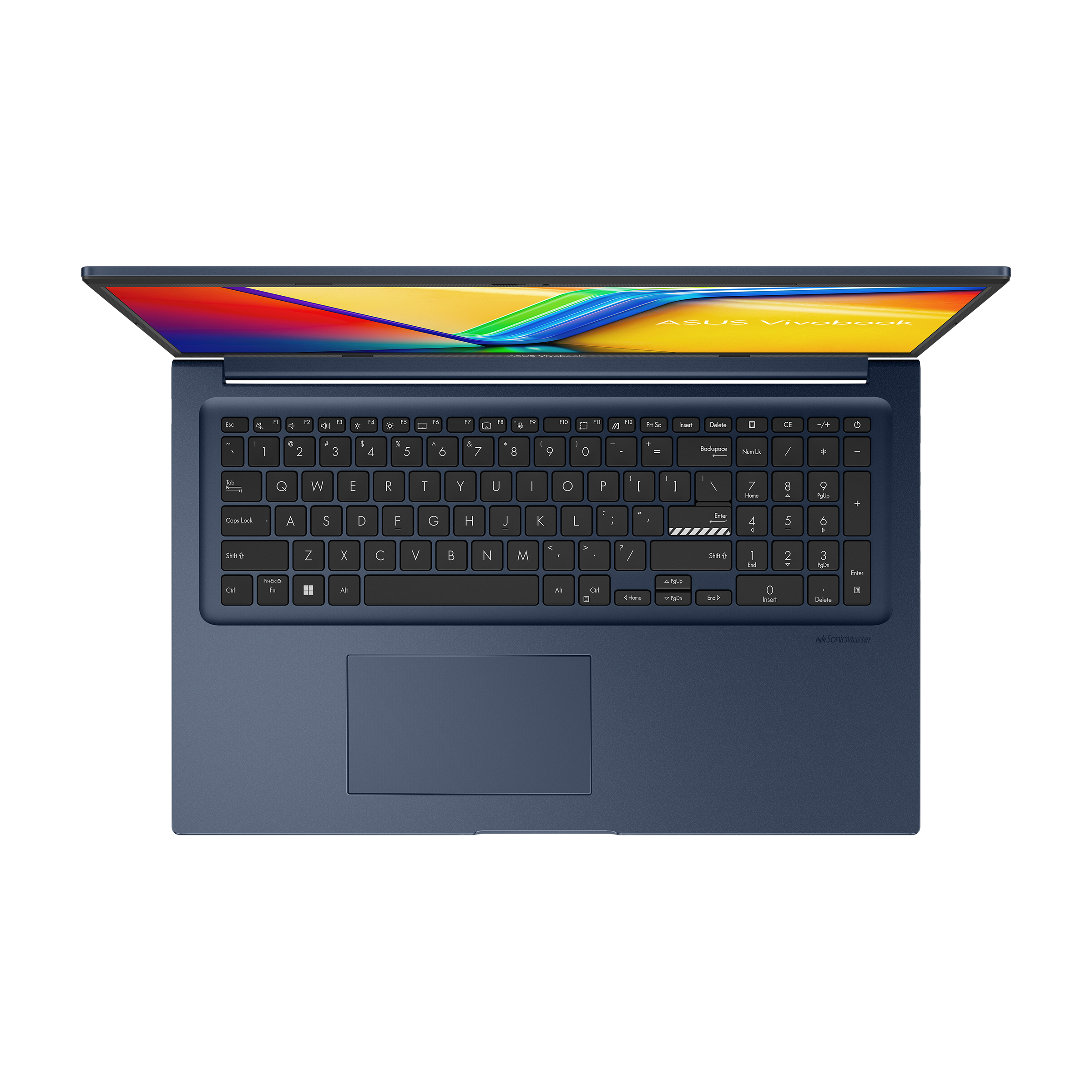 Blauer Laptop auf weißem Grund, geöffnet, Tastatur sichtbar. Bildschirm zeigt farbenfrohes abstraktes Bild.
