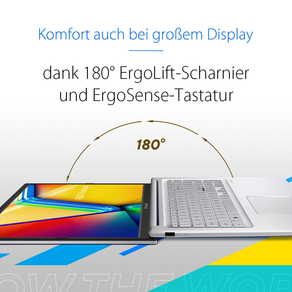 Laptop mit 180-Grad-Scharnier, geöffnet. Display zeigt farbenfrohe Grafiken, Tastatur sichtbar. Text erwähnt ErgoLift- und ErgoSense-Funktionen.
