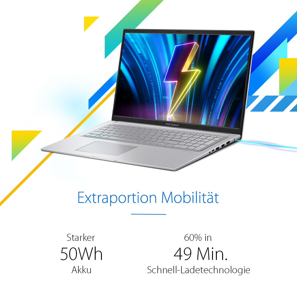 Silberner Laptop mit Blitz auf dem Bildschirm. Text zeigt 50Wh Akku und 60% Ladung in 49 Min.