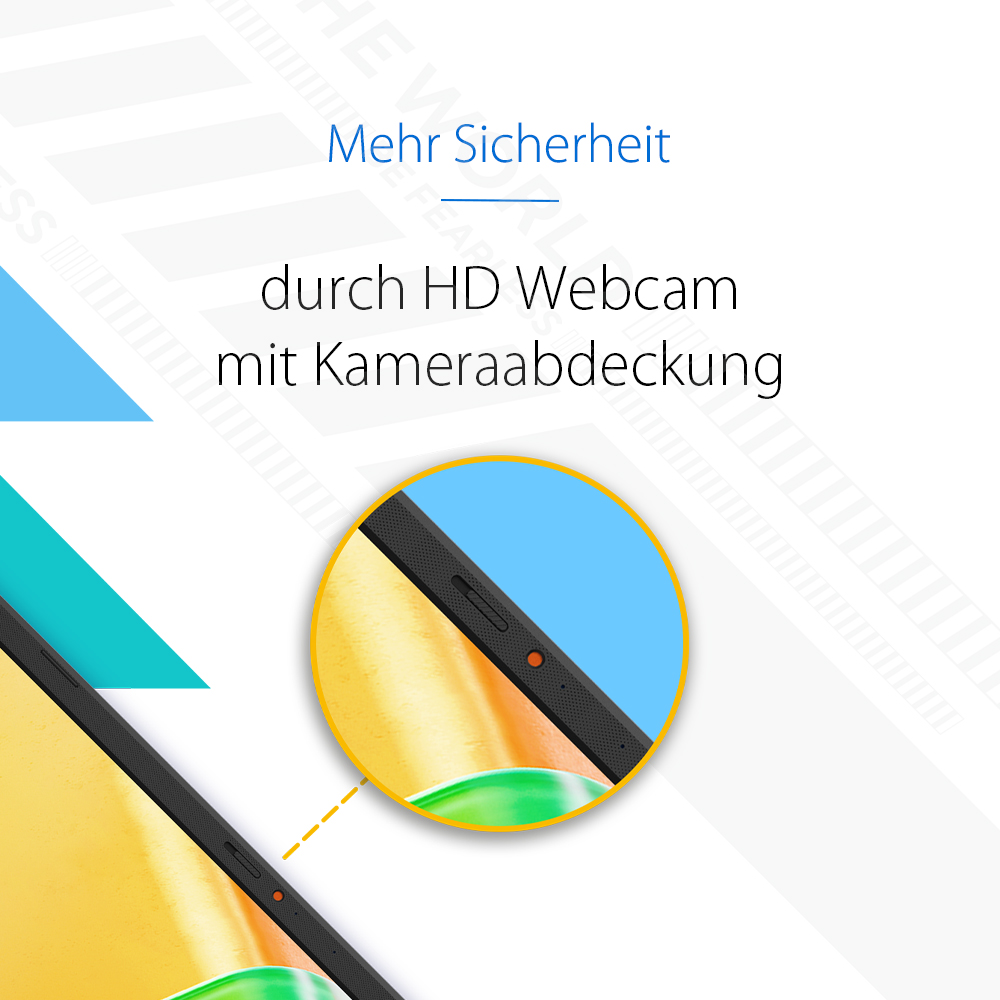 Das Bild zeigt ein Laptop-Detail mit Webcam-Abdeckung. Der Text lautet 'Mehr Sicherheit' und 'durch HD Webcam mit Kameraabdeckung'.