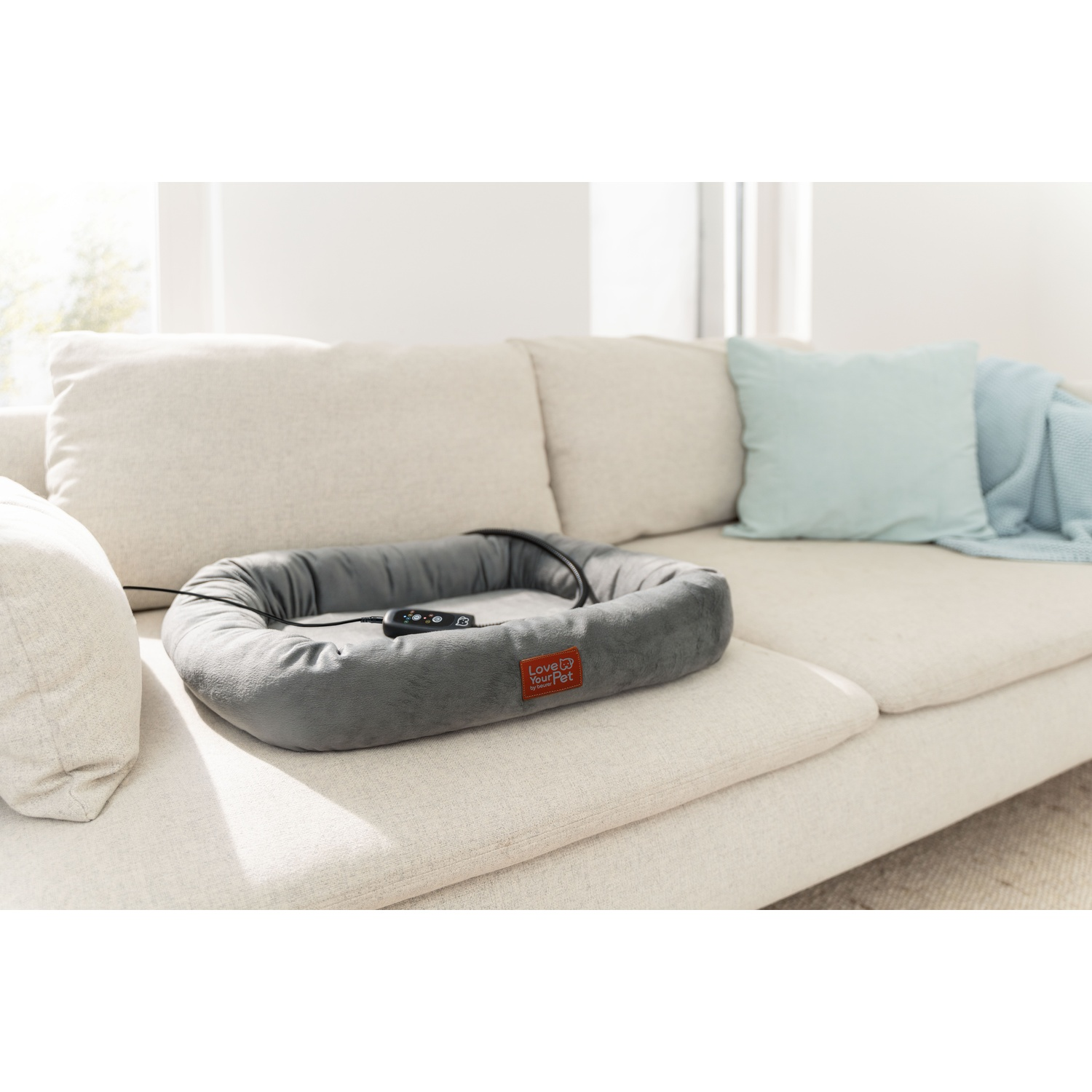 Un letto grigio per animali domestici con un pannello di controllo è su un divano beige. Un cuscino e una coperta azzurri sono sullo sfondo.