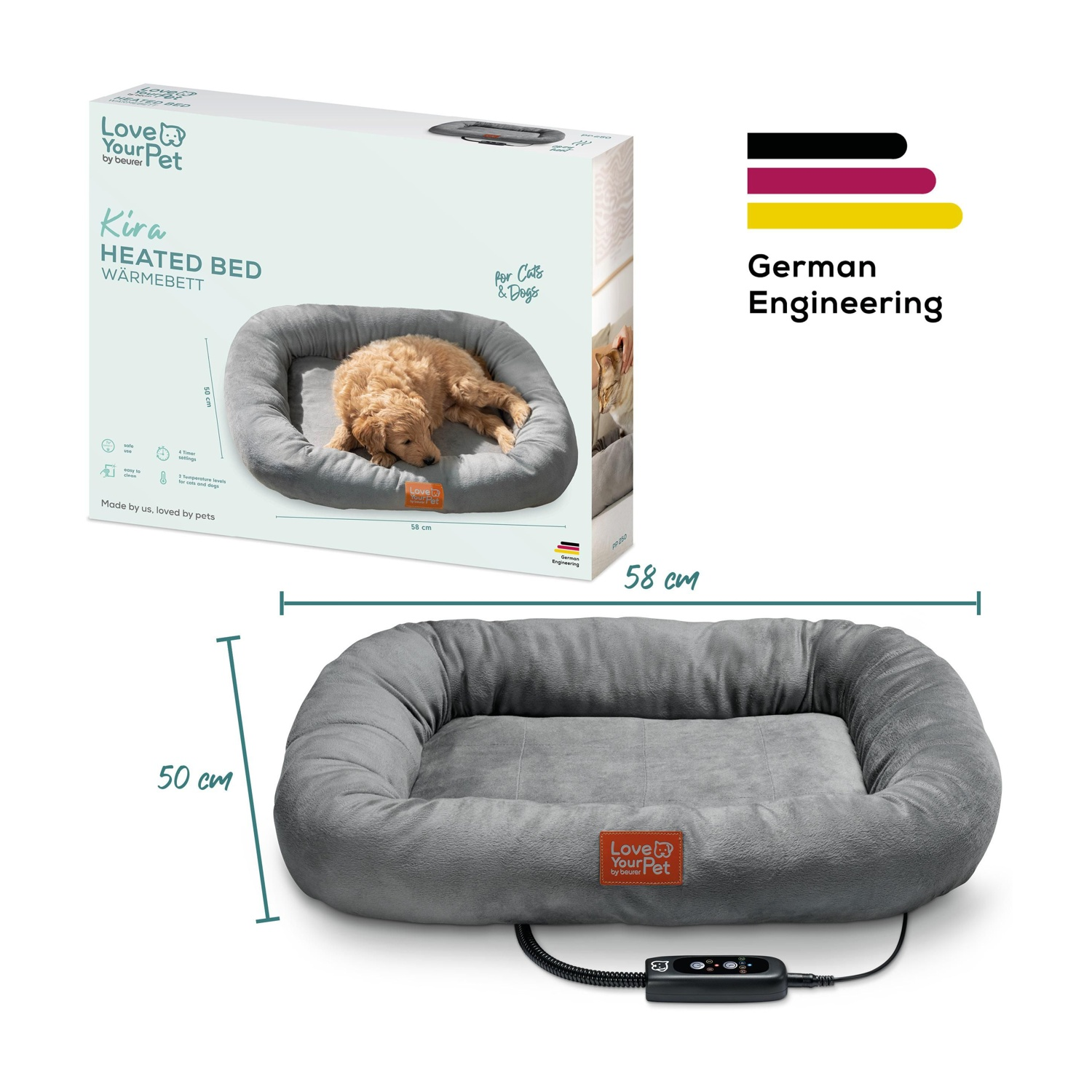 Un letto riscaldato grigio per animali domestici con un cucciolo all'interno. Sono visibili anche la scatola e il logo German Engineering.